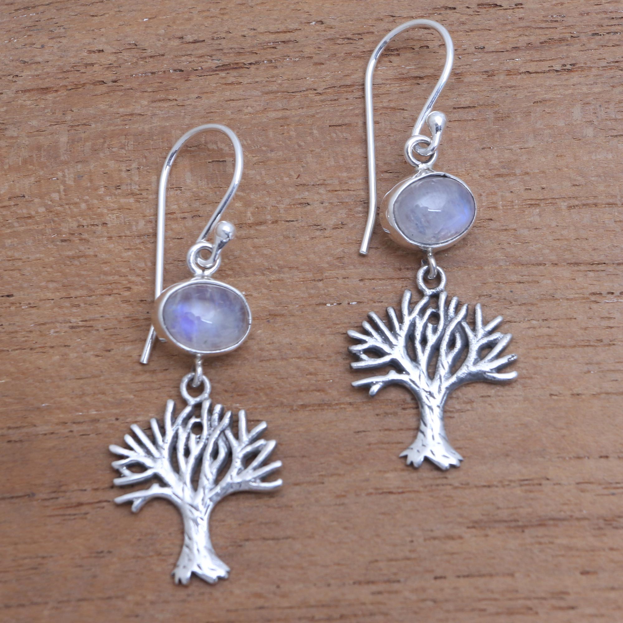 Premium Enlightenment Tree Dangle Earrings with Rainbow Moonstone