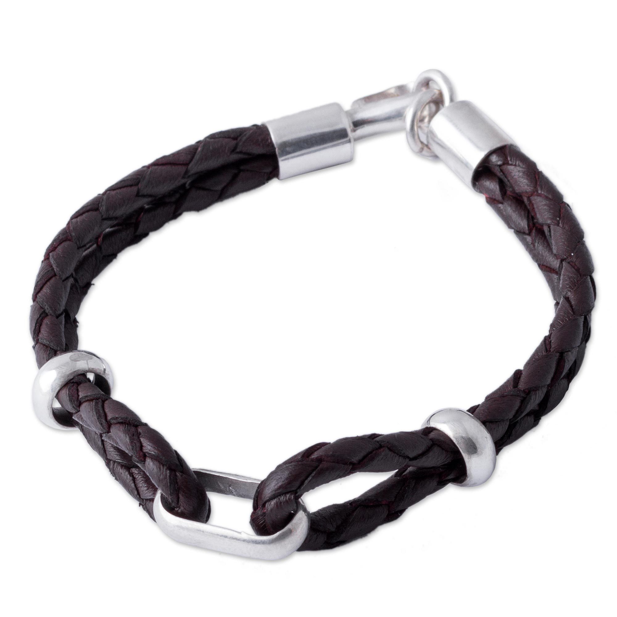 Premium Men's Brown Leather & Sterling Silver Braided Bracelet - Handcrafted in Peru