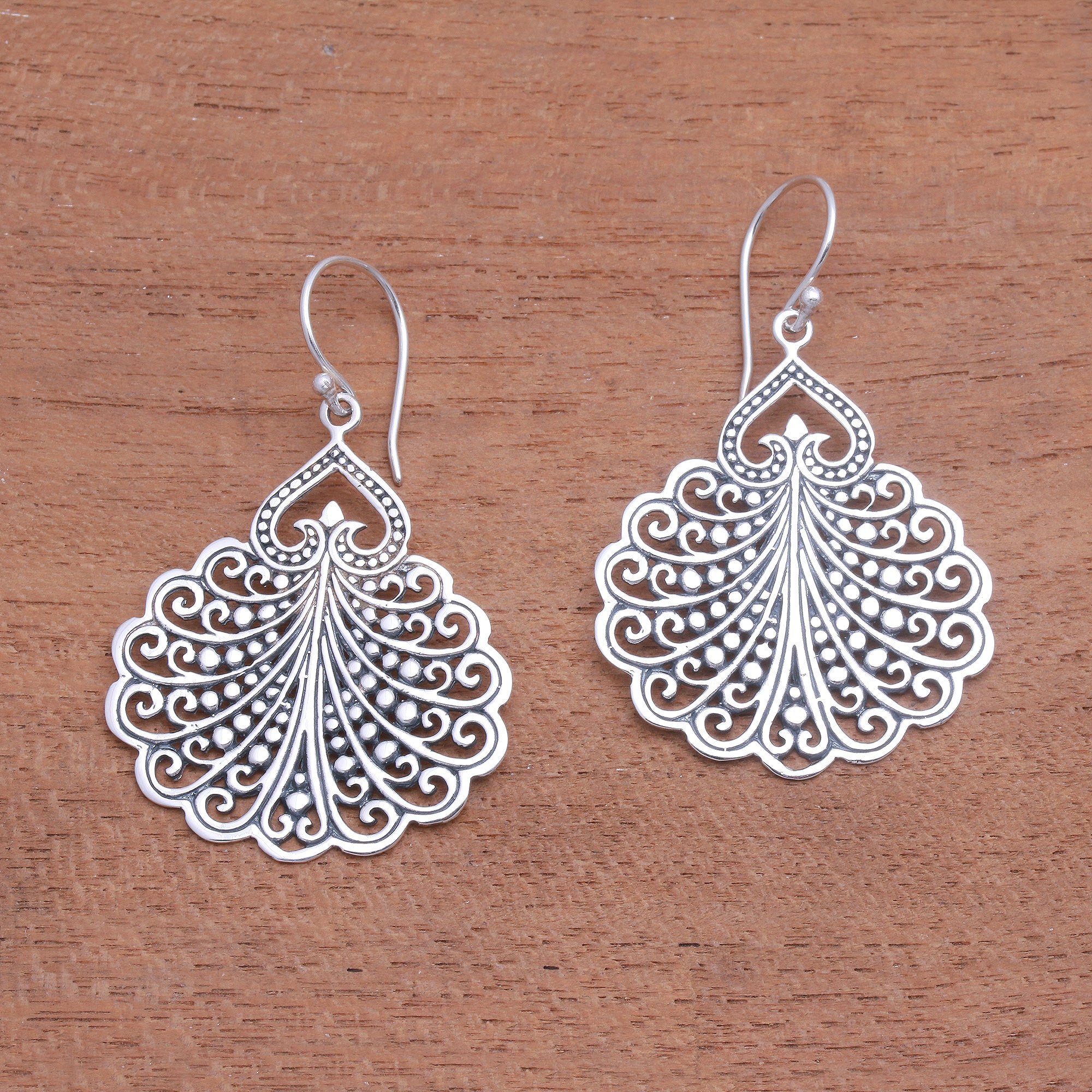 Premium Peacock Tail Sterling Silver Dangle Earrings - Handcrafted in Bali