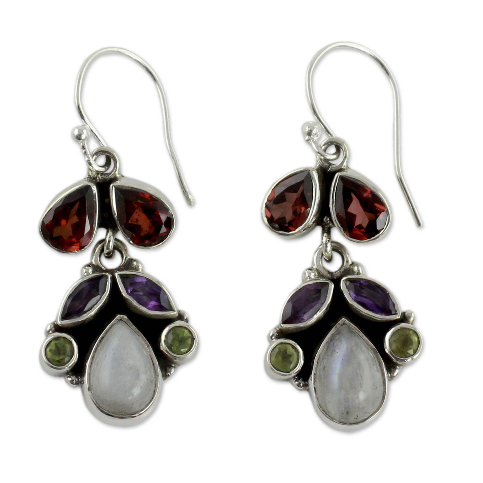 Premium Garnet & Rainbow Moonstone Chandelier Earrings - Handcrafted Sterling Silver