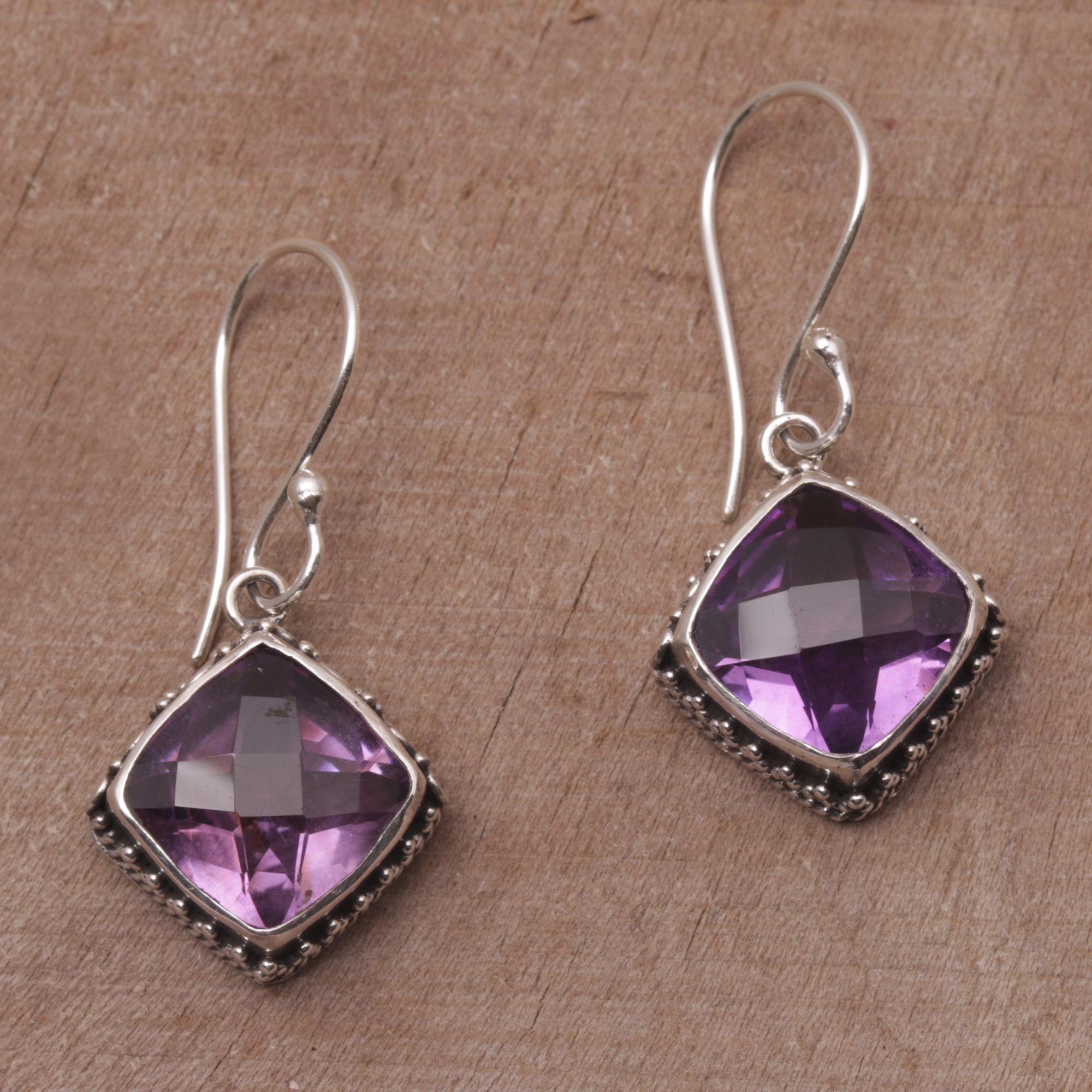 Premium Pura Amethyst & Silver Dangle Earrings - Handcrafted in Bali