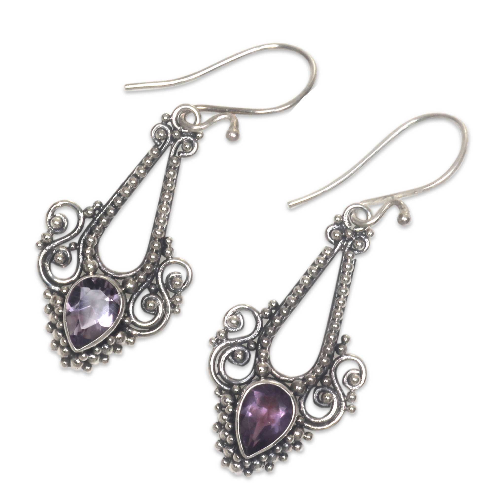 Premium Balinese Glitz Pisces Amethyst Birthstone Sterling Silver Hook Earrings