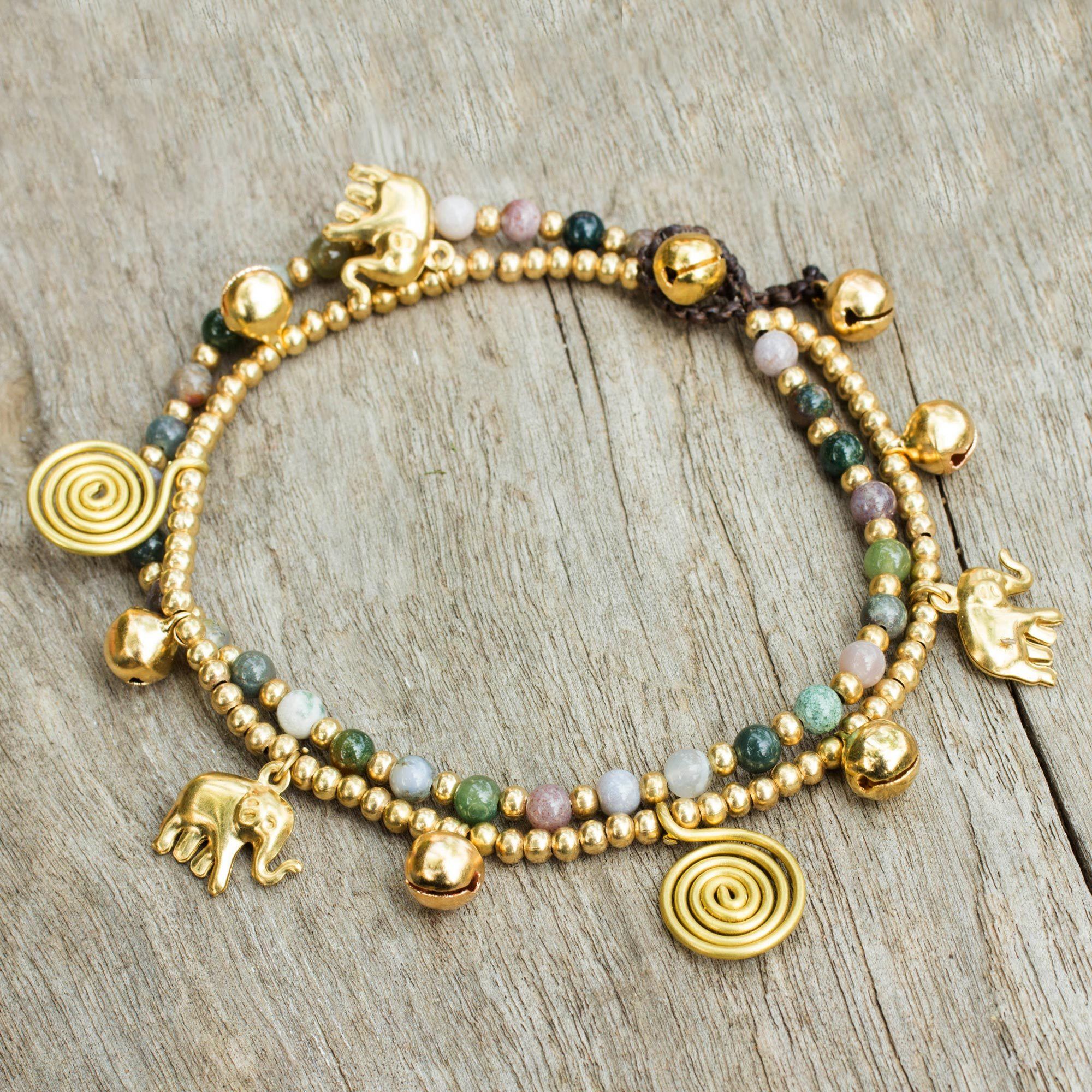 Premium Elephant Bells Brass & Agate Anklet - Handmade in Thailand