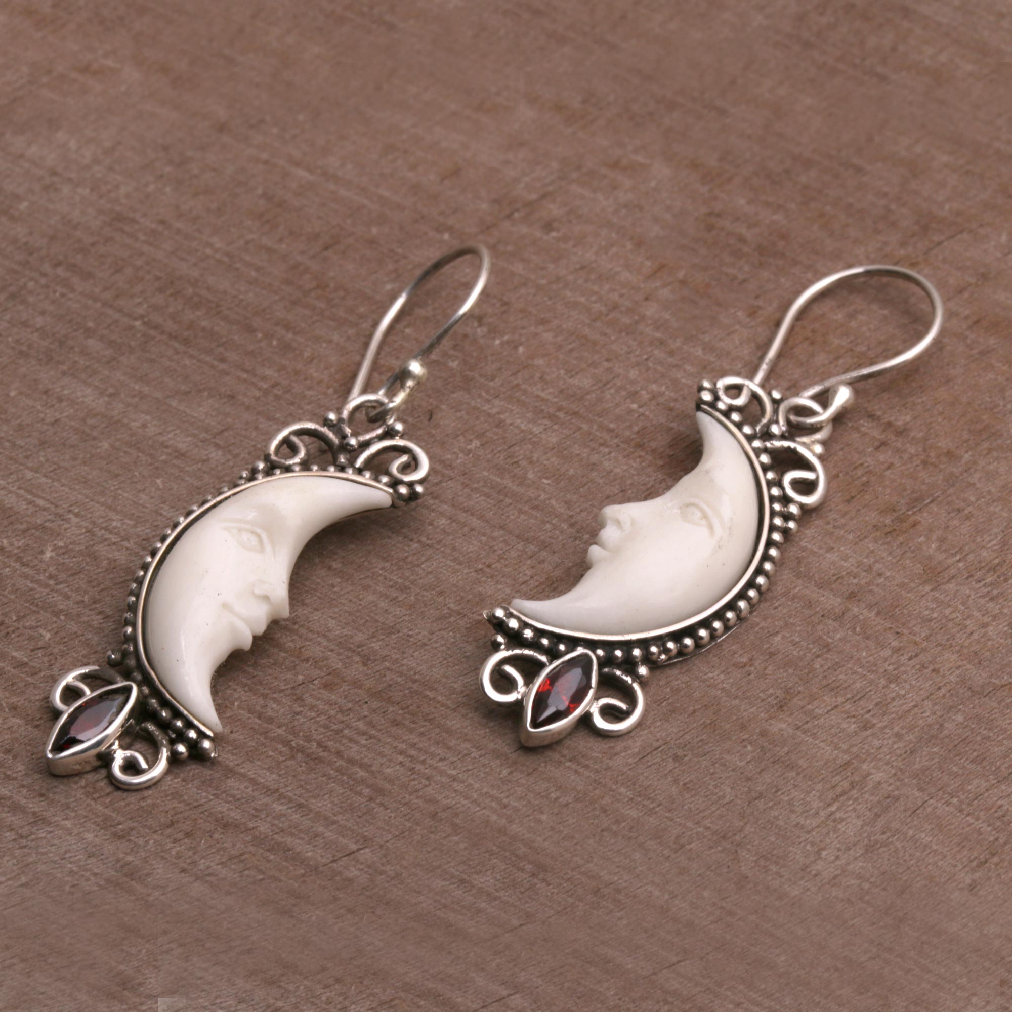 Premium Crescent Moon Dangle Earrings - Handcrafted Garnet & Silver Jewelry from Bali