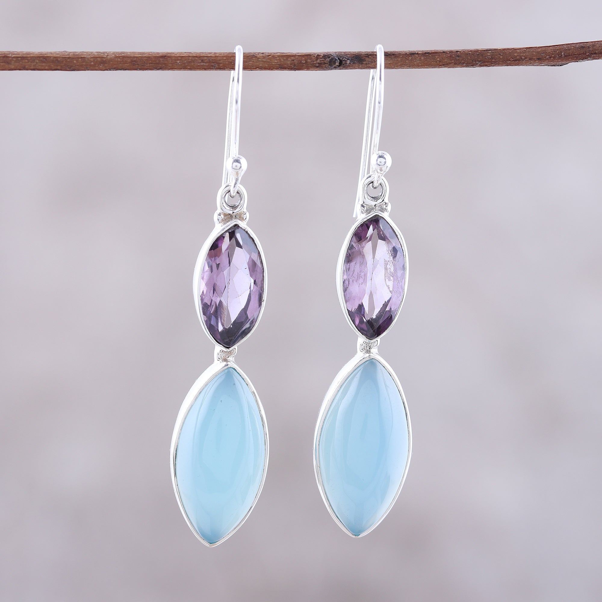 Premium Sterling Silver Blue Chalcedony & Amethyst Dangle Earrings – Timeless Elegance