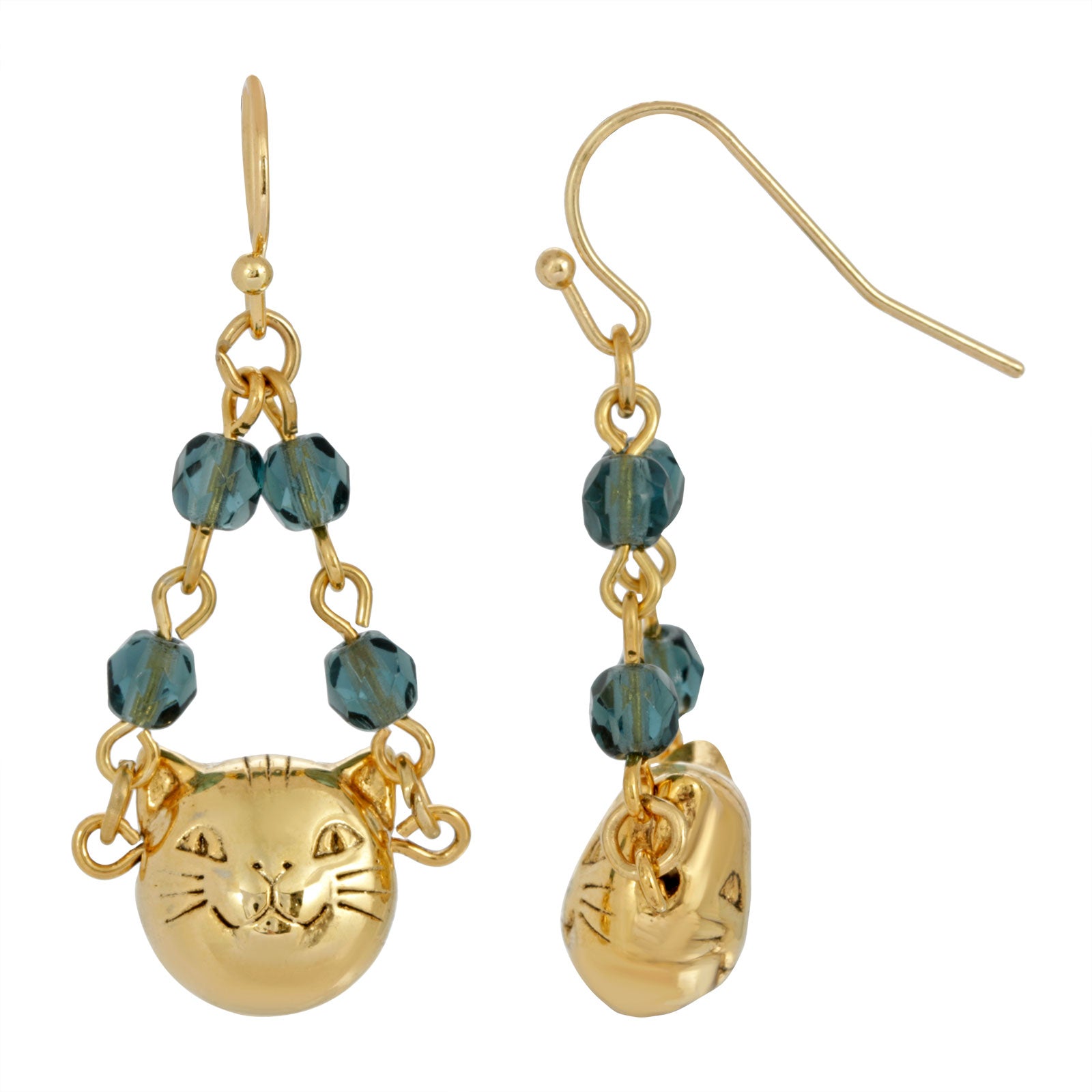 Premium 1928 Jewelry® 14K Gold Dipped Cat Face Earrings with Blue Beaded Chain Drop