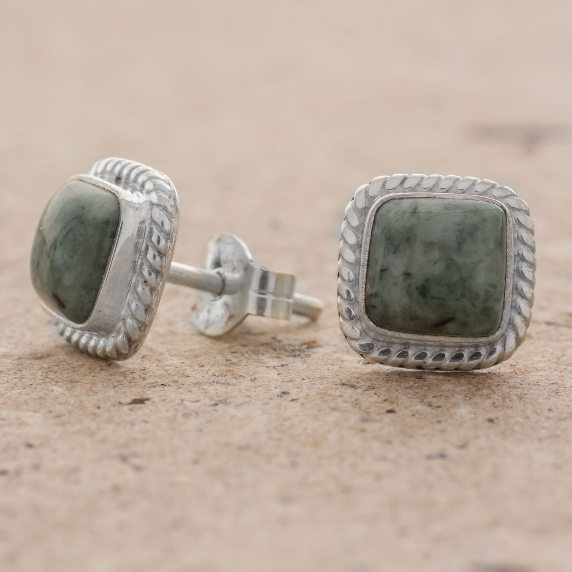 Premium Green Jade & Sterling Silver Rope Motif Earrings - Handcrafted in Guatemala