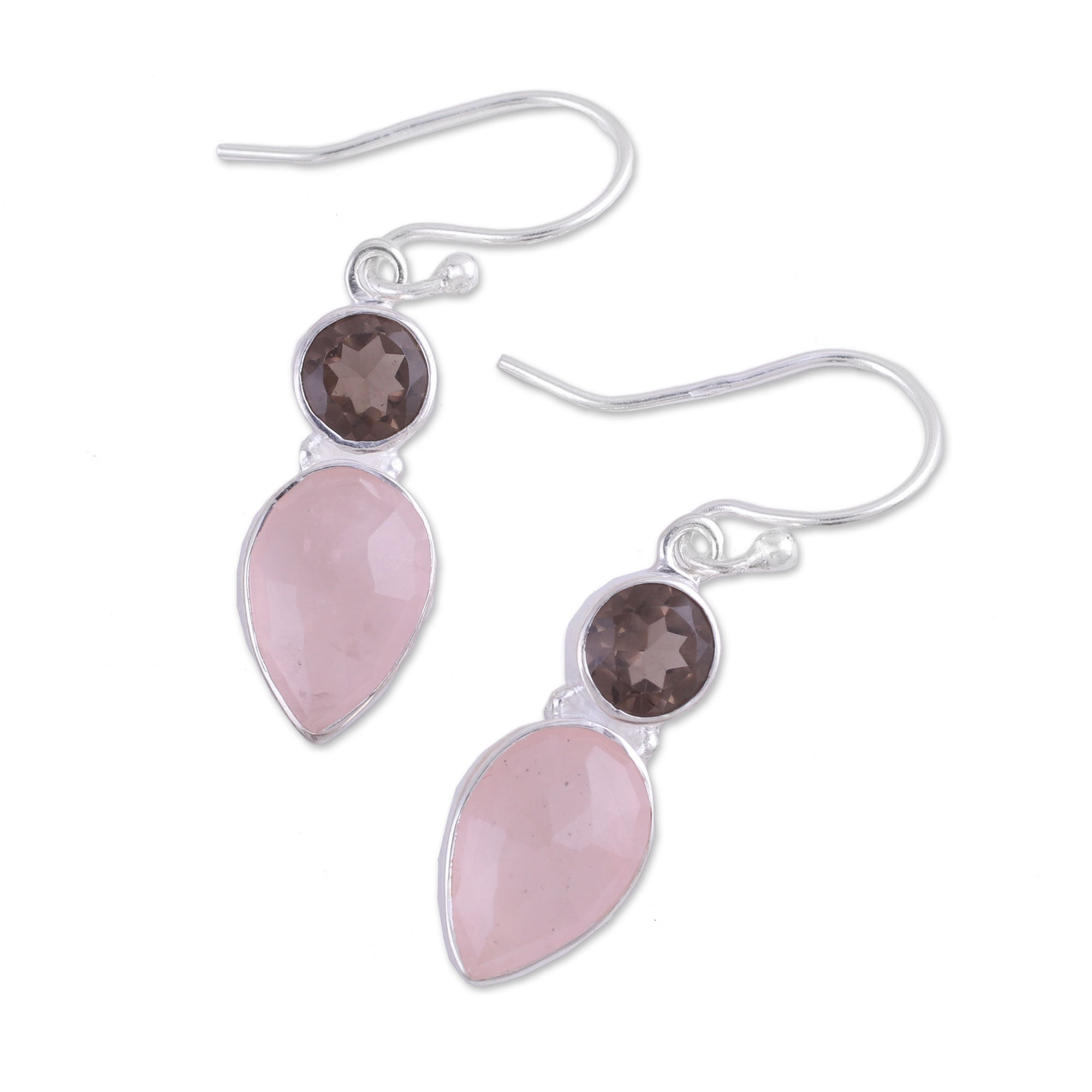 Premium Multi-Gem Dangle Earrings - Rose Quartz & Smoky Quartz