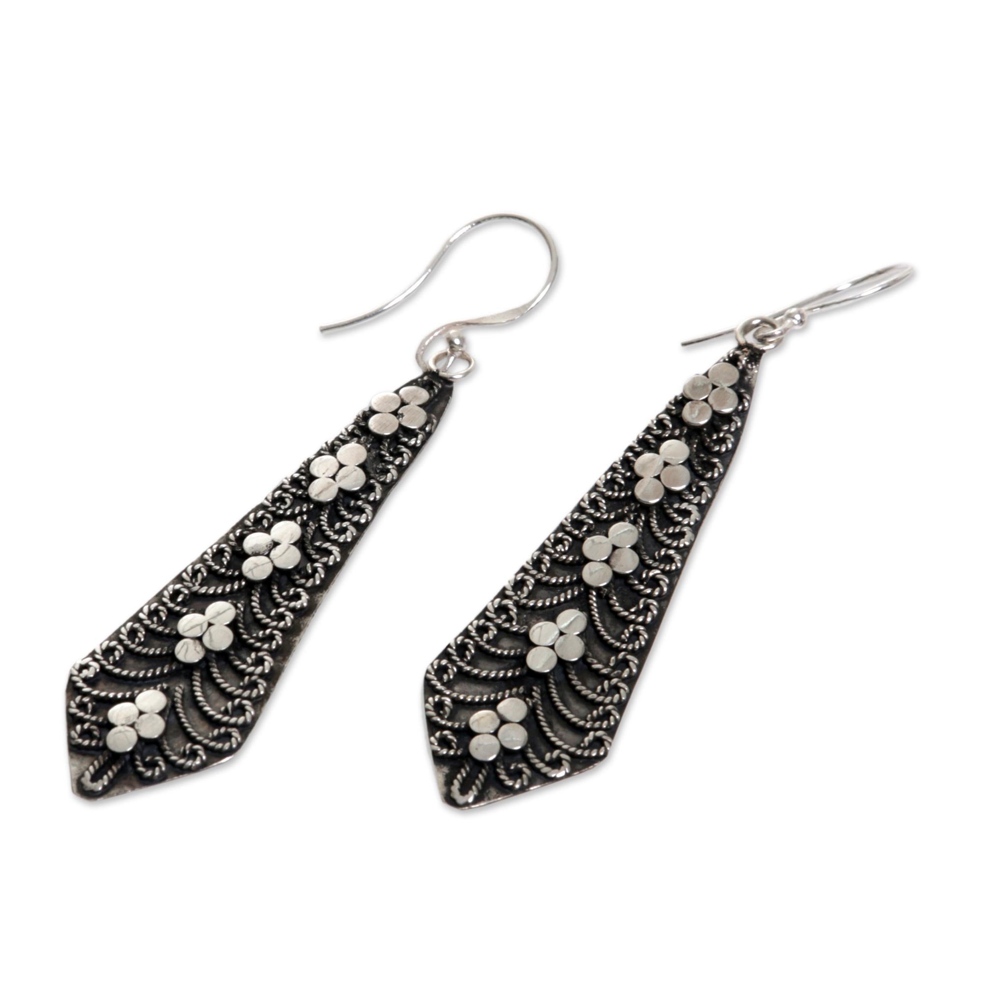 Premium Balinese Motif Silver Earrings - Handcrafted Flower Sword Design