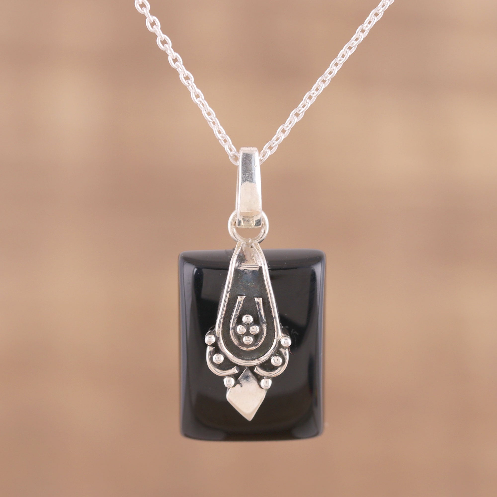 Premium Midnight Greeting Black Onyx & Sterling Silver Pendant Necklace - Handcrafted in India