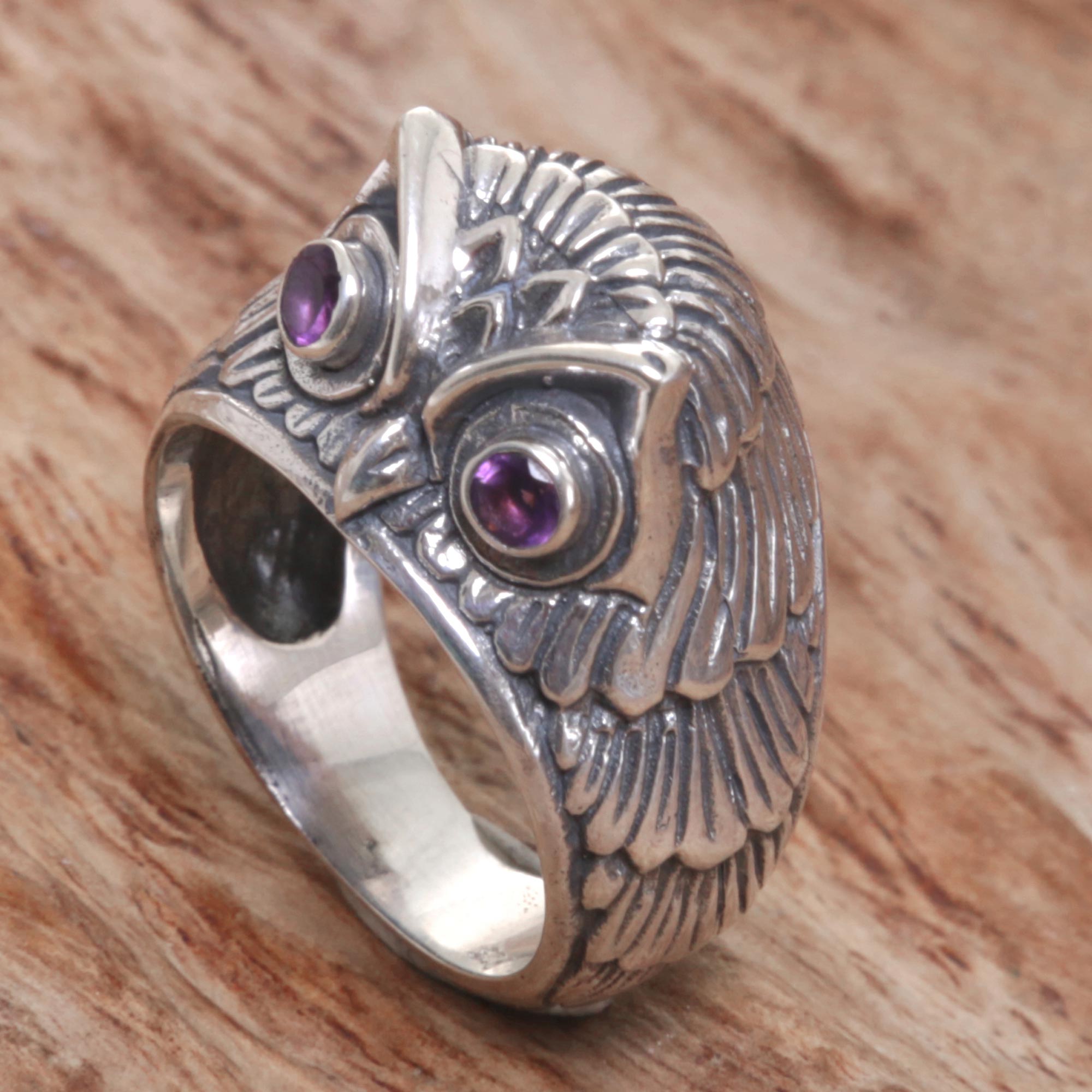 NOVICA Premium Amethyst Sterling Silver Ring 'Night Watcher in Purple' - Handcrafted Elegance