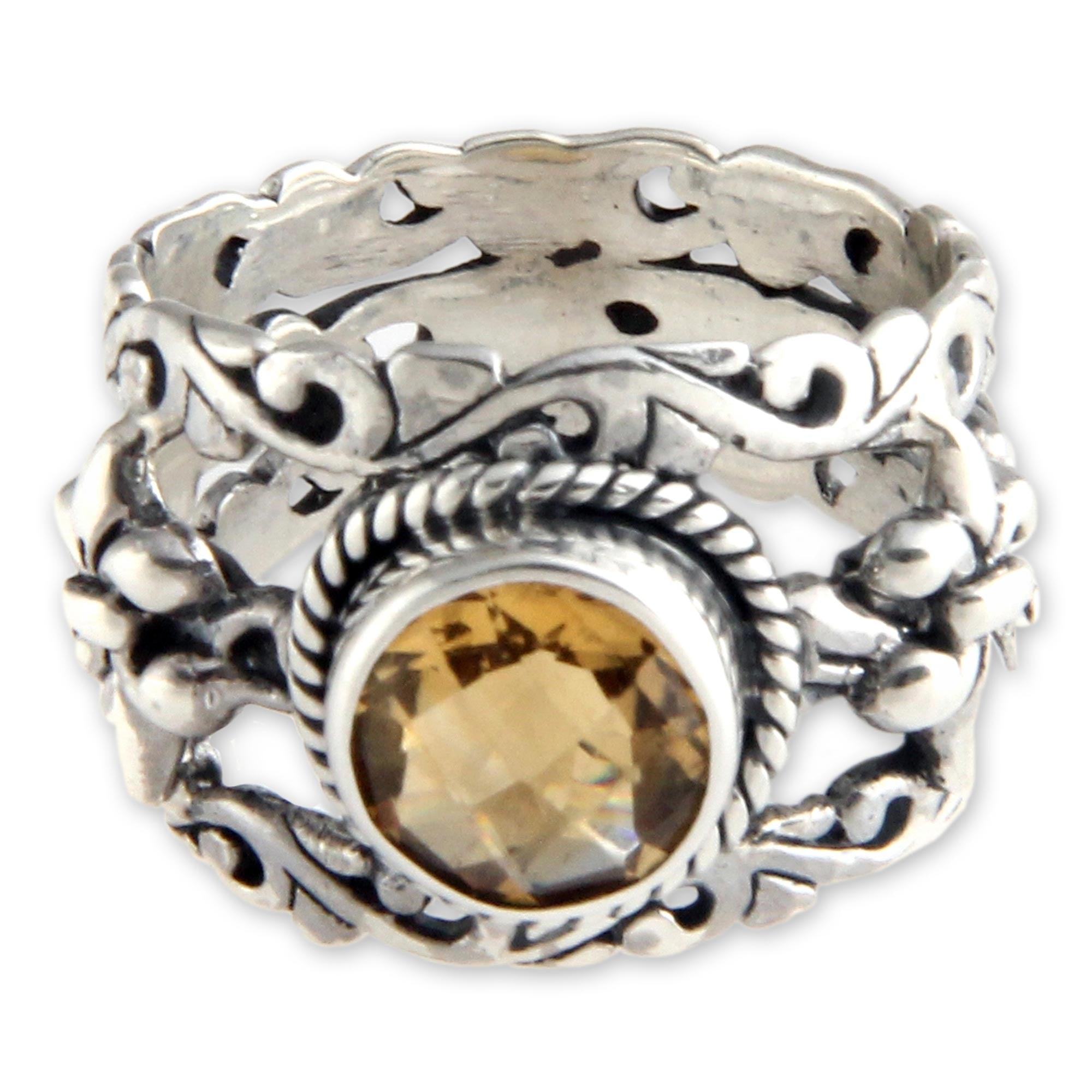 Premium Golden Fleur de Lis Citrine Silver Cocktail Ring - Handcrafted Elegance