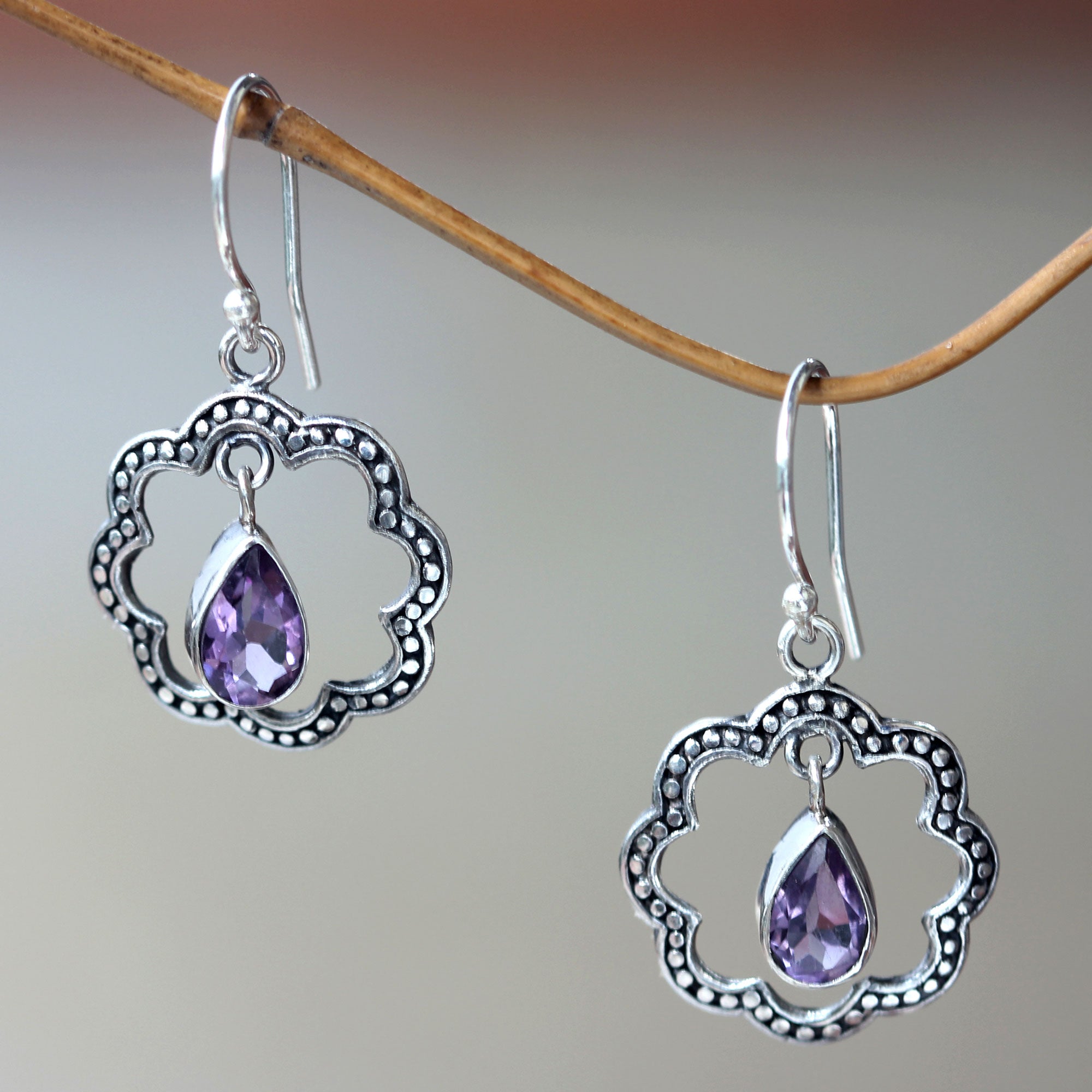 Premium Flower Halo Earrings: Fair Trade Sterling Silver with Sparkling Amethyst