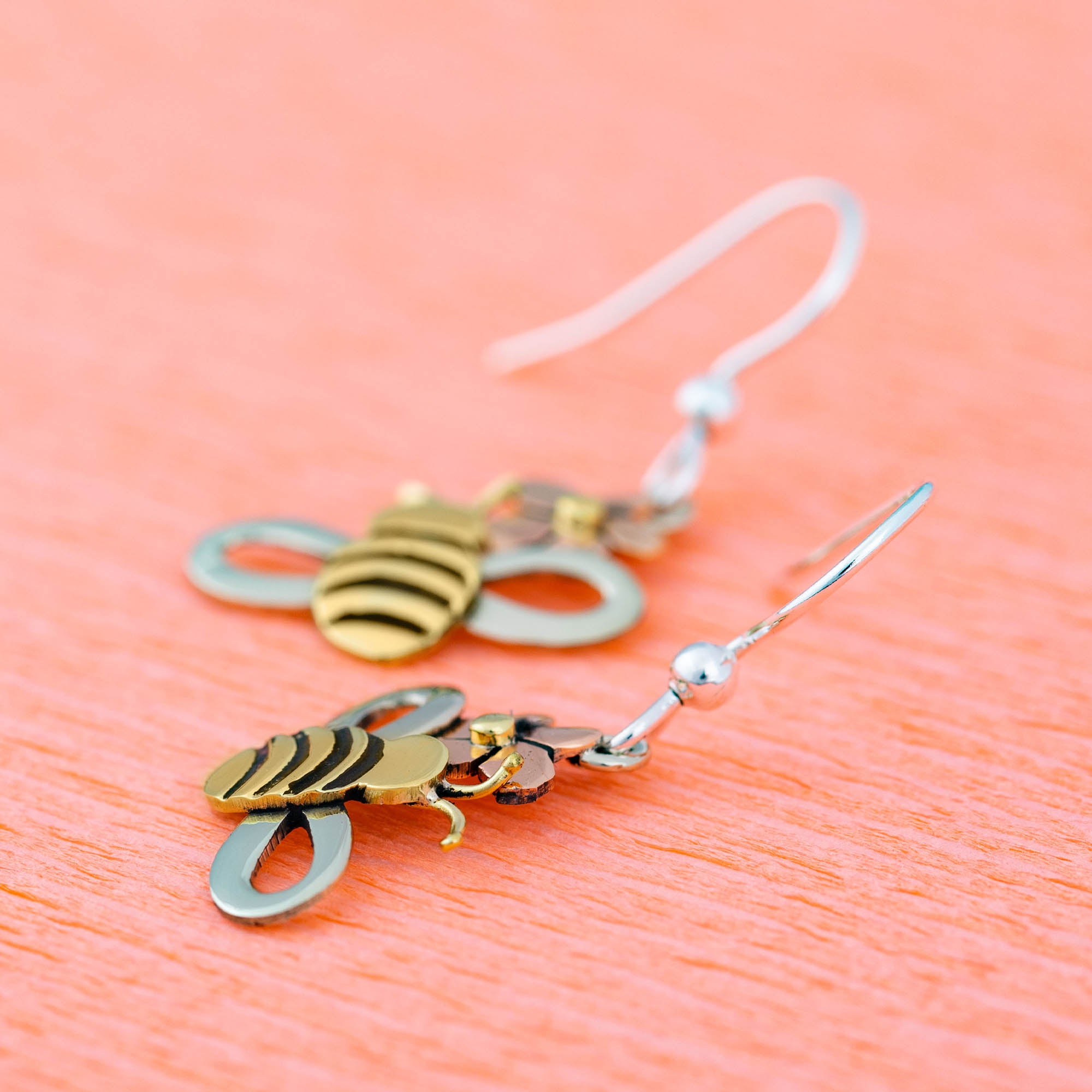 Premium Bee & Flower Mixed Metal Earrings - Handcrafted Fair-Trade Jewelry