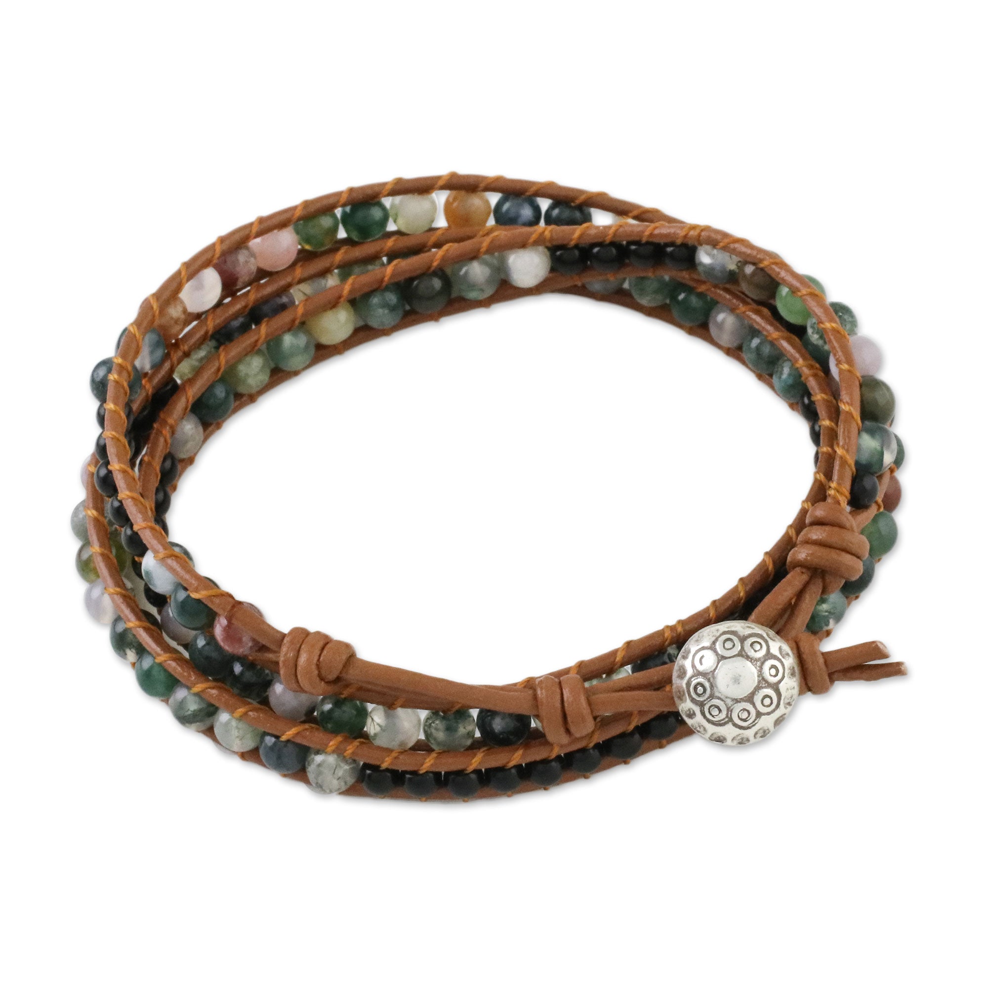 Premium Sunset Fields Moss Agate & Onyx Wrap Bracelet - Unisex Leather Cord Design