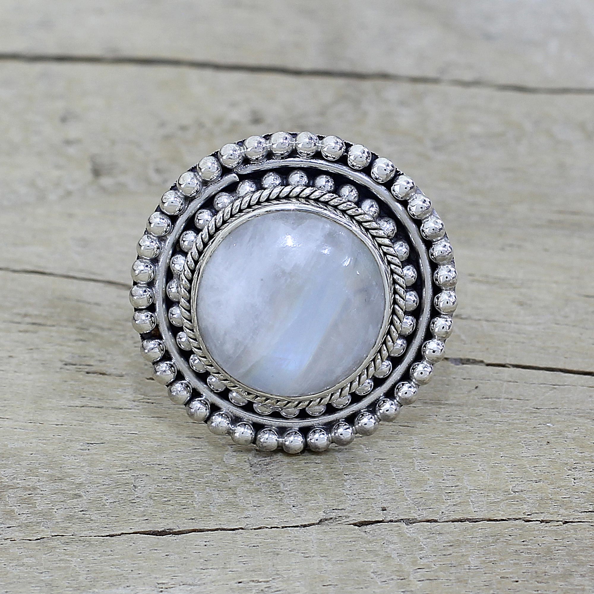 Premium Handcrafted Rainbow Moonstone Cocktail Ring - Sterling Silver Elegance