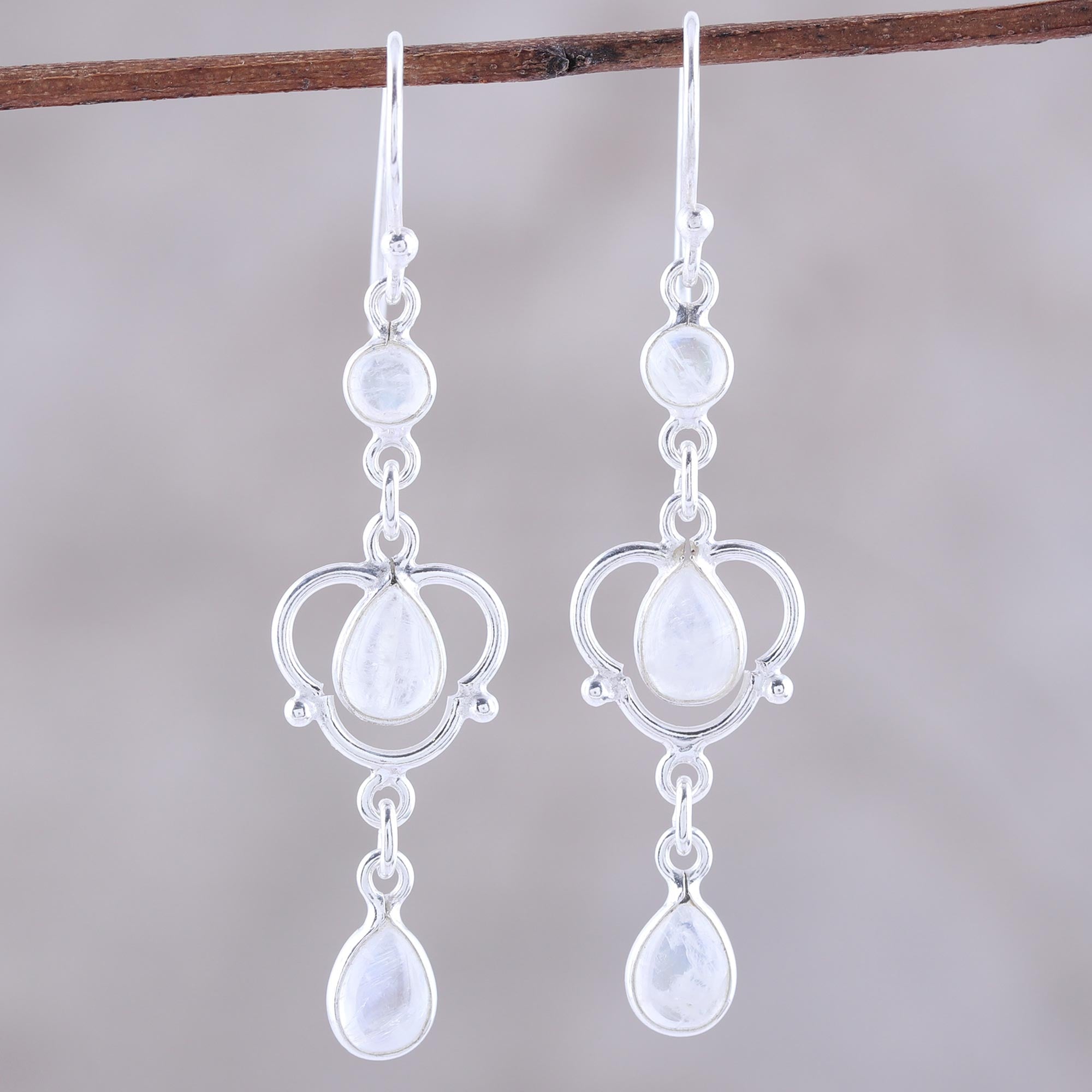 Premium Iridescent Rain Sterling Silver Dangle Earrings with Rainbow Moonstone