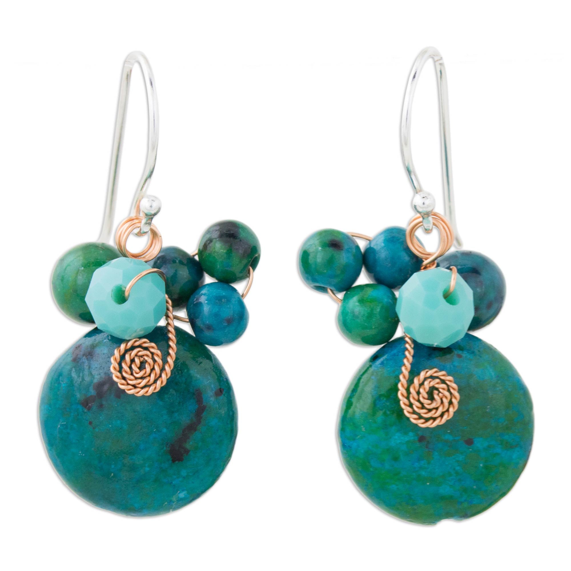 Premium Moonlight Garden Teal Serpentine & Glass Bead Dangle Earrings with Copper Hooks