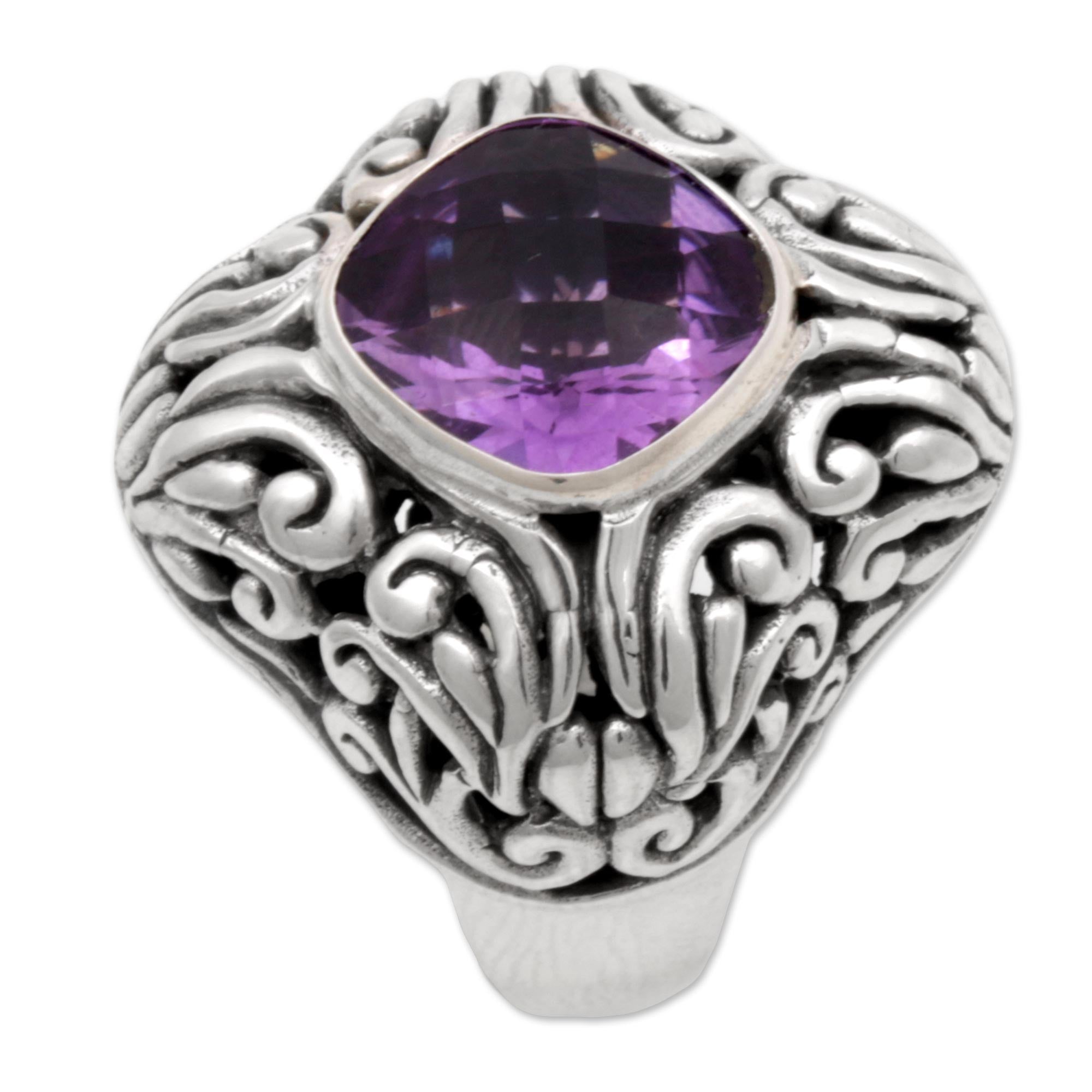 Premium Amethyst Sterling Silver Cocktail Ring - Balinese Artisan Crafted