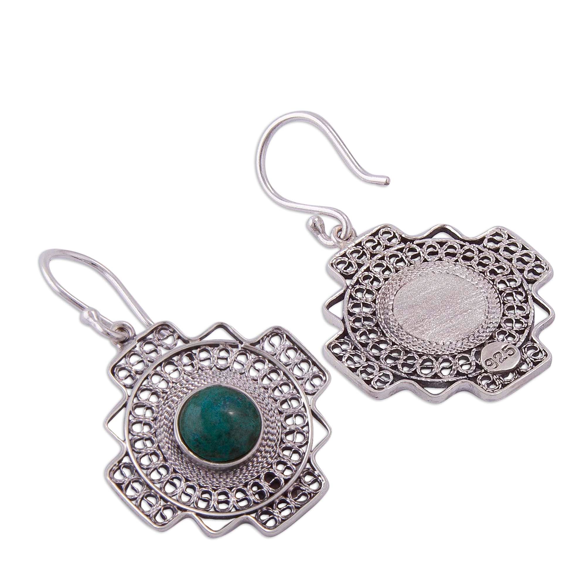 Premium Green Valley Chakana Cross Filigree Earrings - Handcrafted in Peru