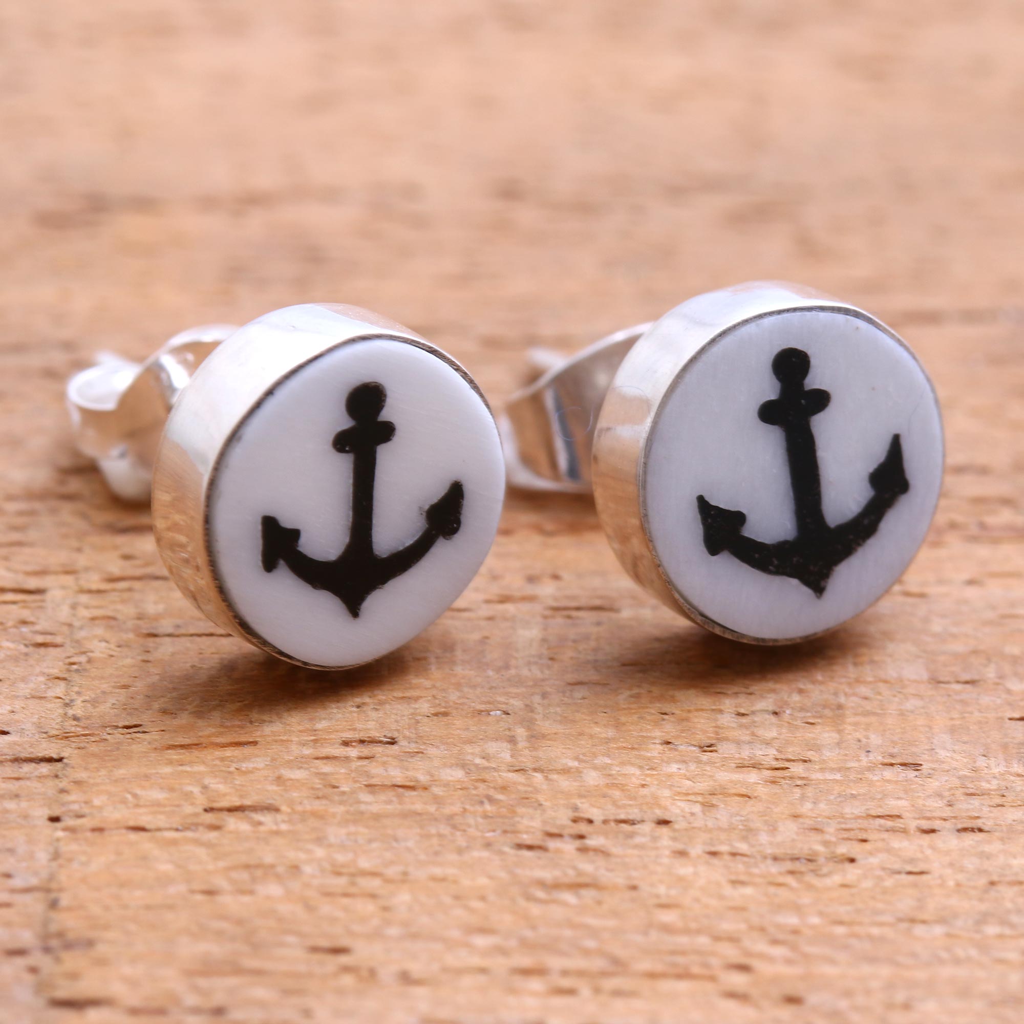 Premium Black Anchor Stud Earrings - Handcrafted Bali Silver Jewelry