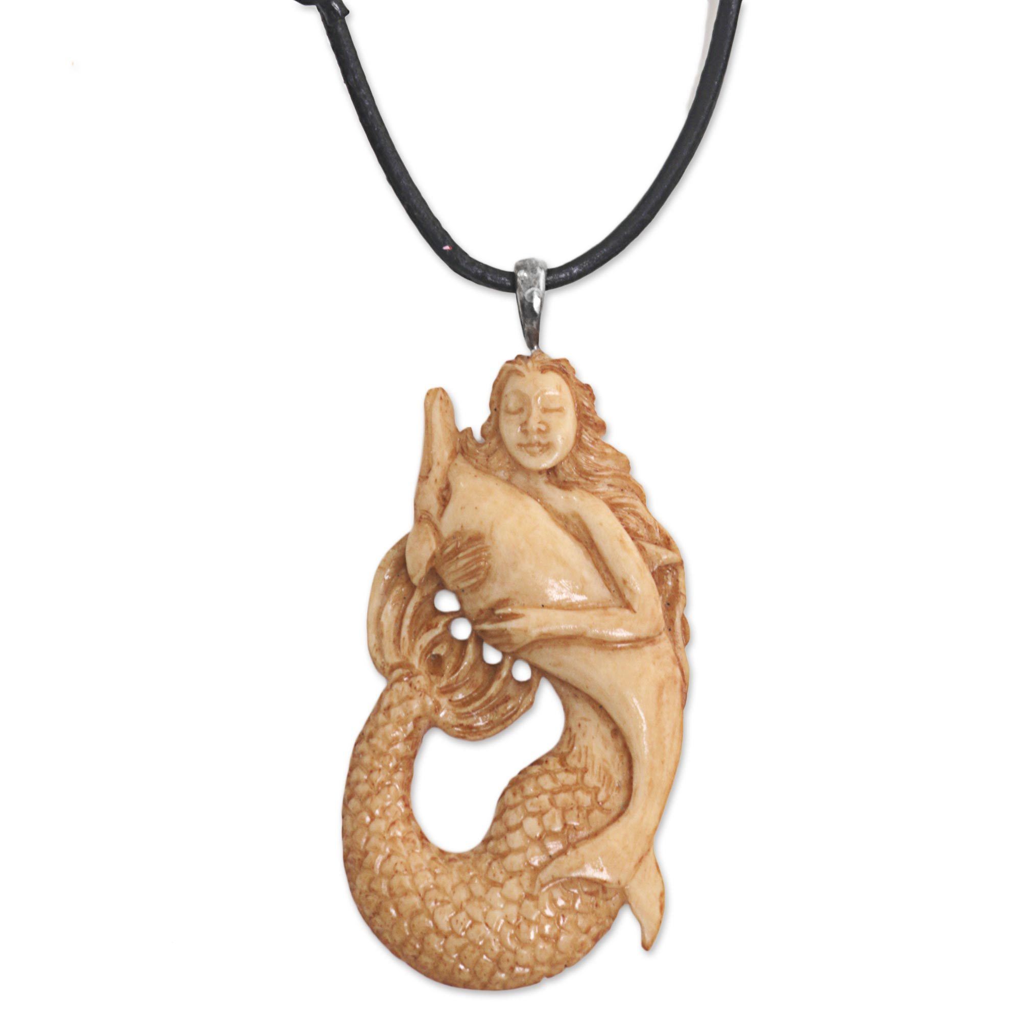 Premium Mermaid & Dolphin Hand-Carved Pendant Necklace - Unique Boho Jewelry