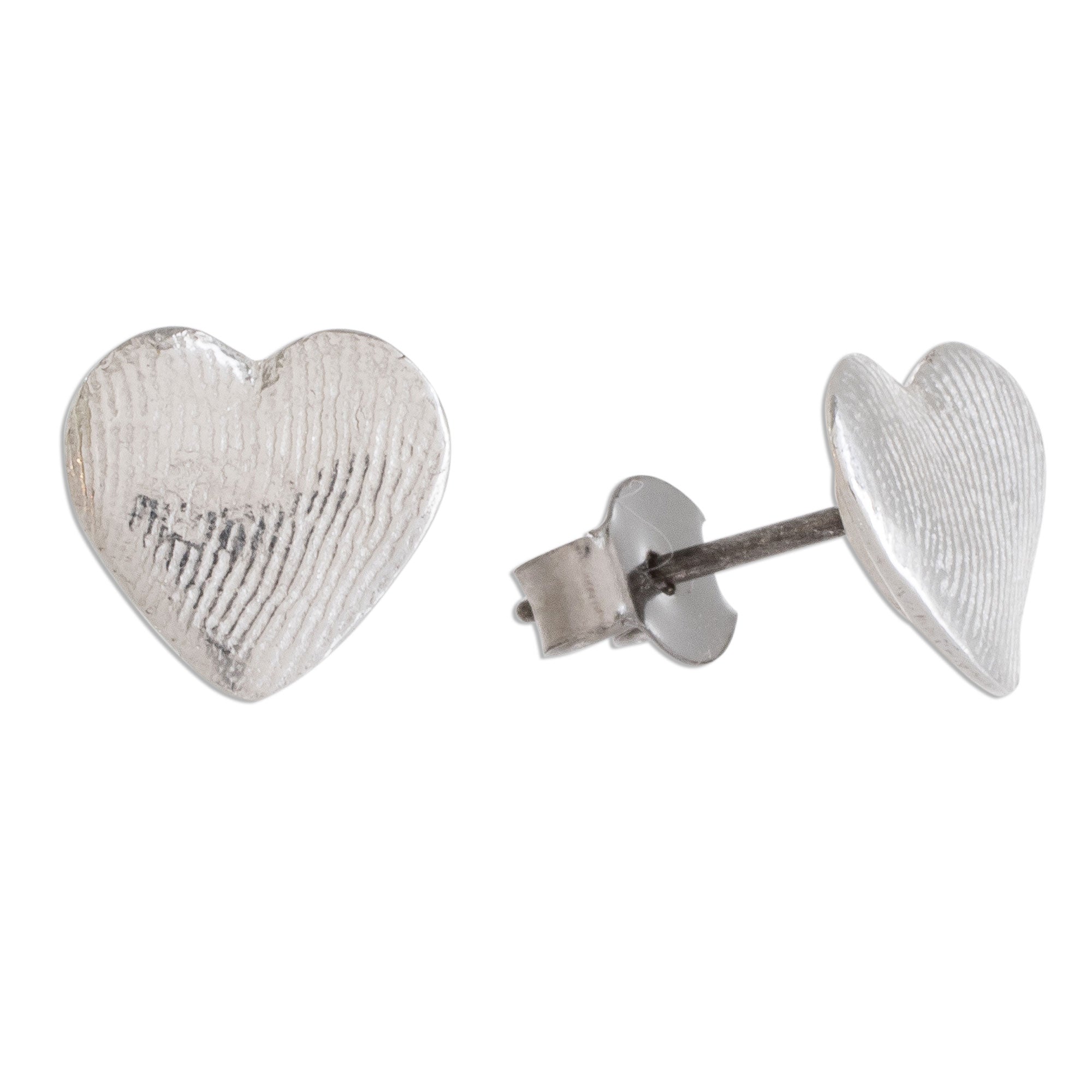 Premium Heart-Shaped Silver Stud Earrings with Artisan Fingerprint Detail