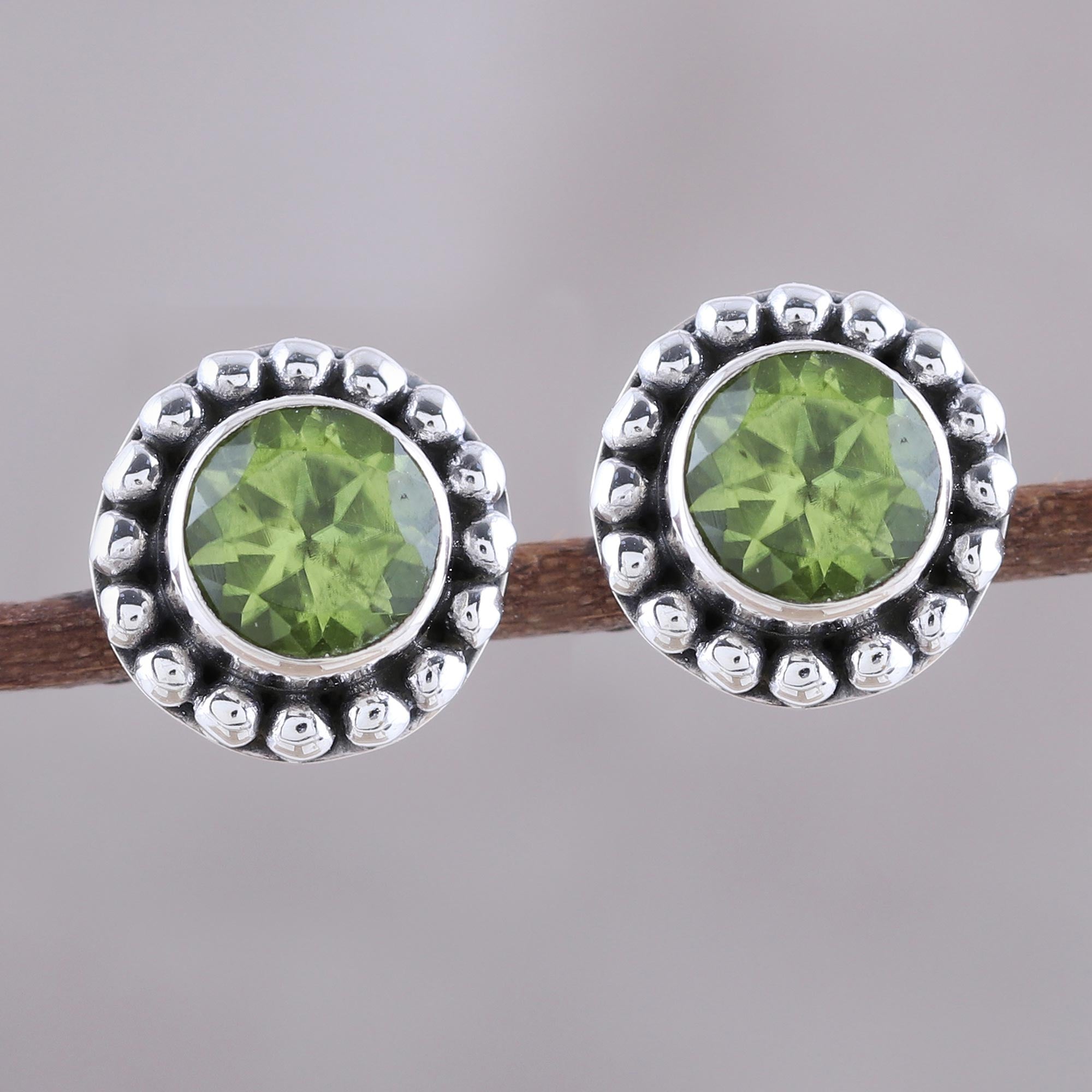 Premium Round Peridot Sterling Silver Dot Stud Earrings – Handcrafted Elegance