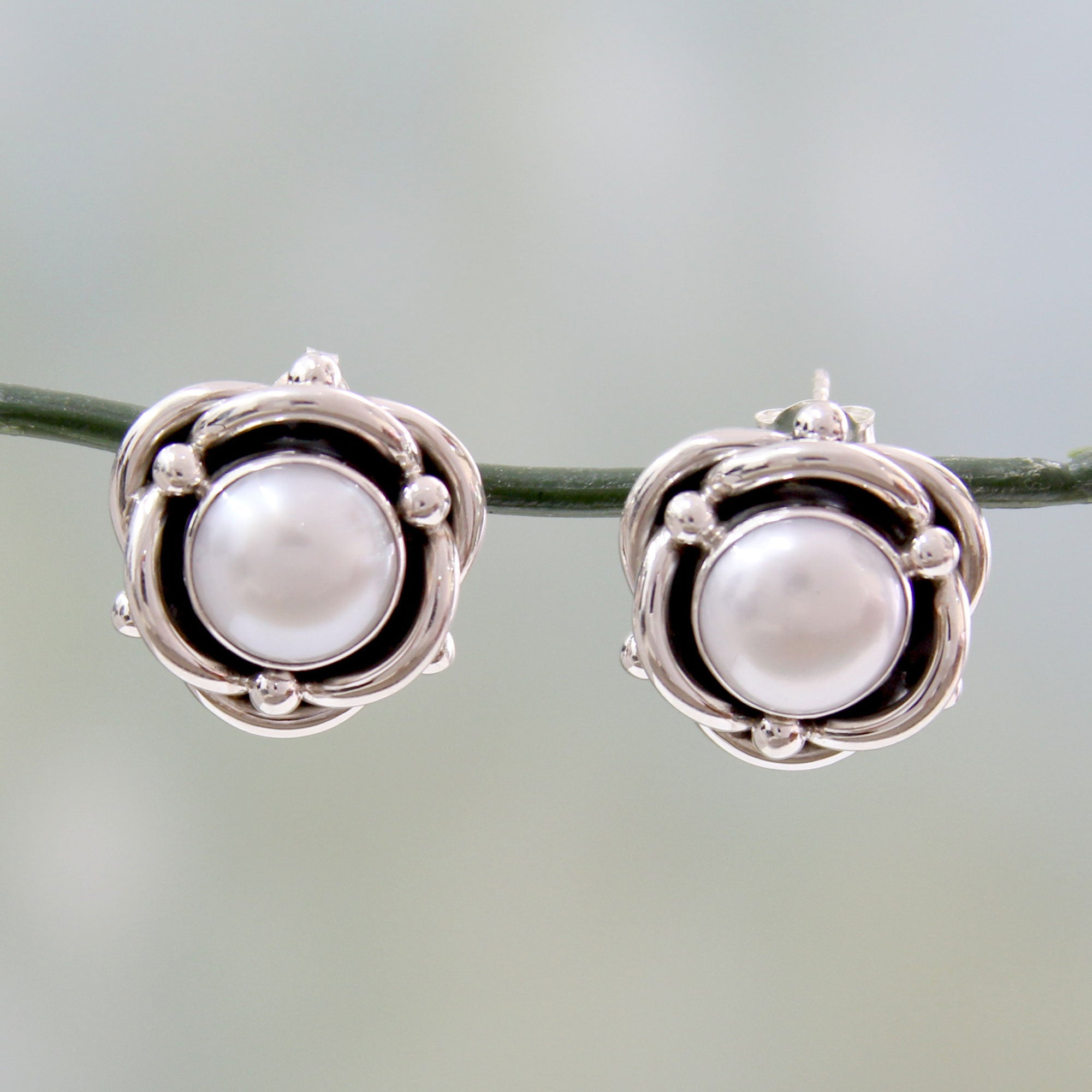 Premium Regal Aura Cultured White Pearl & Sterling Silver Button Earrings