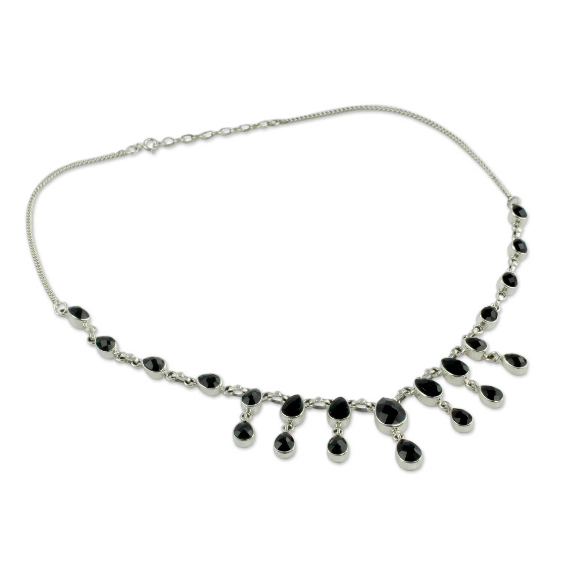 Premium Midnight Cascade Onyx & Silver Waterfall Necklace - Ultimate Minimalist Statement