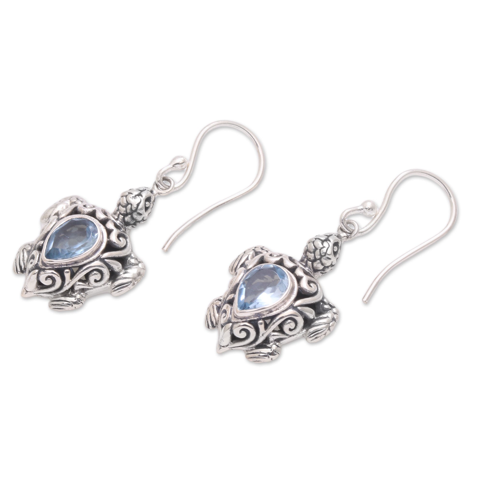 Premium Sterling Silver Blue Topaz Sea Turtle Dangle Earrings - Penyu Paradise