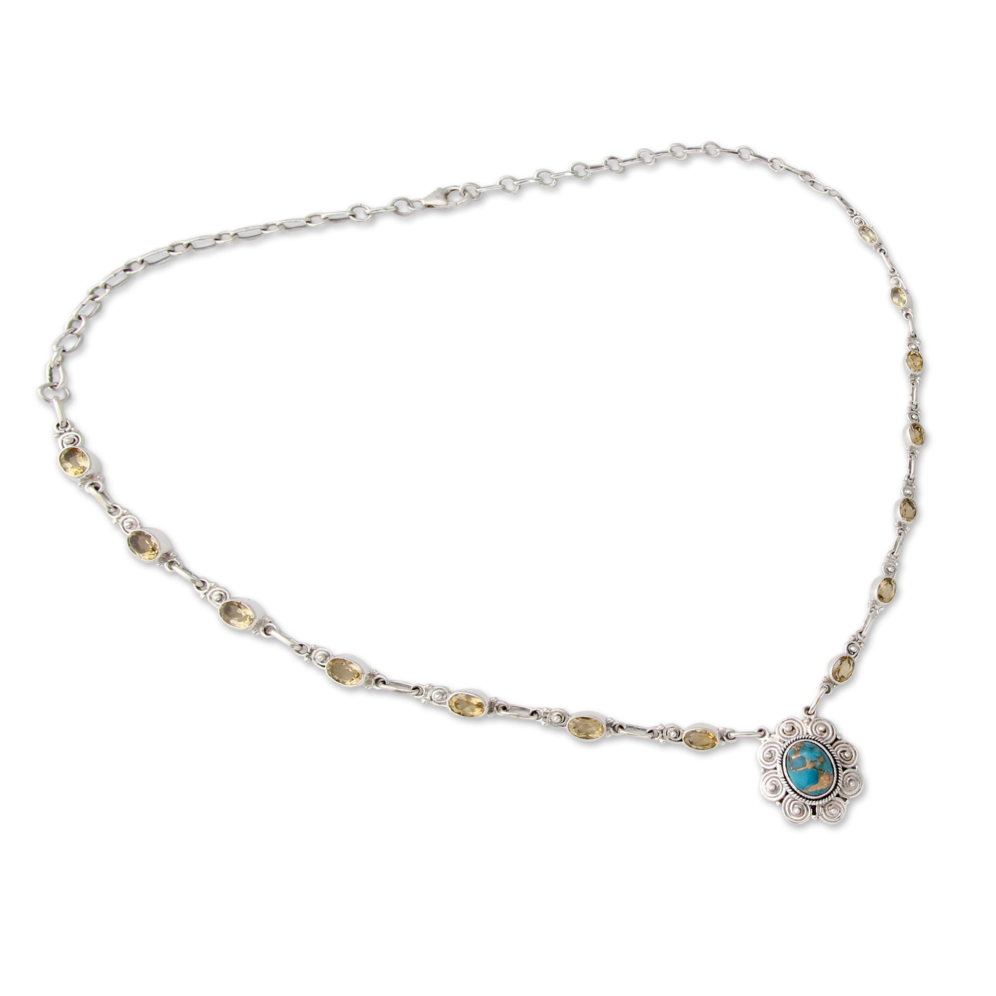 Premium Golden Sky Halo Necklace - India Sterling Silver with 14ct Citrine & Composite Turquoise