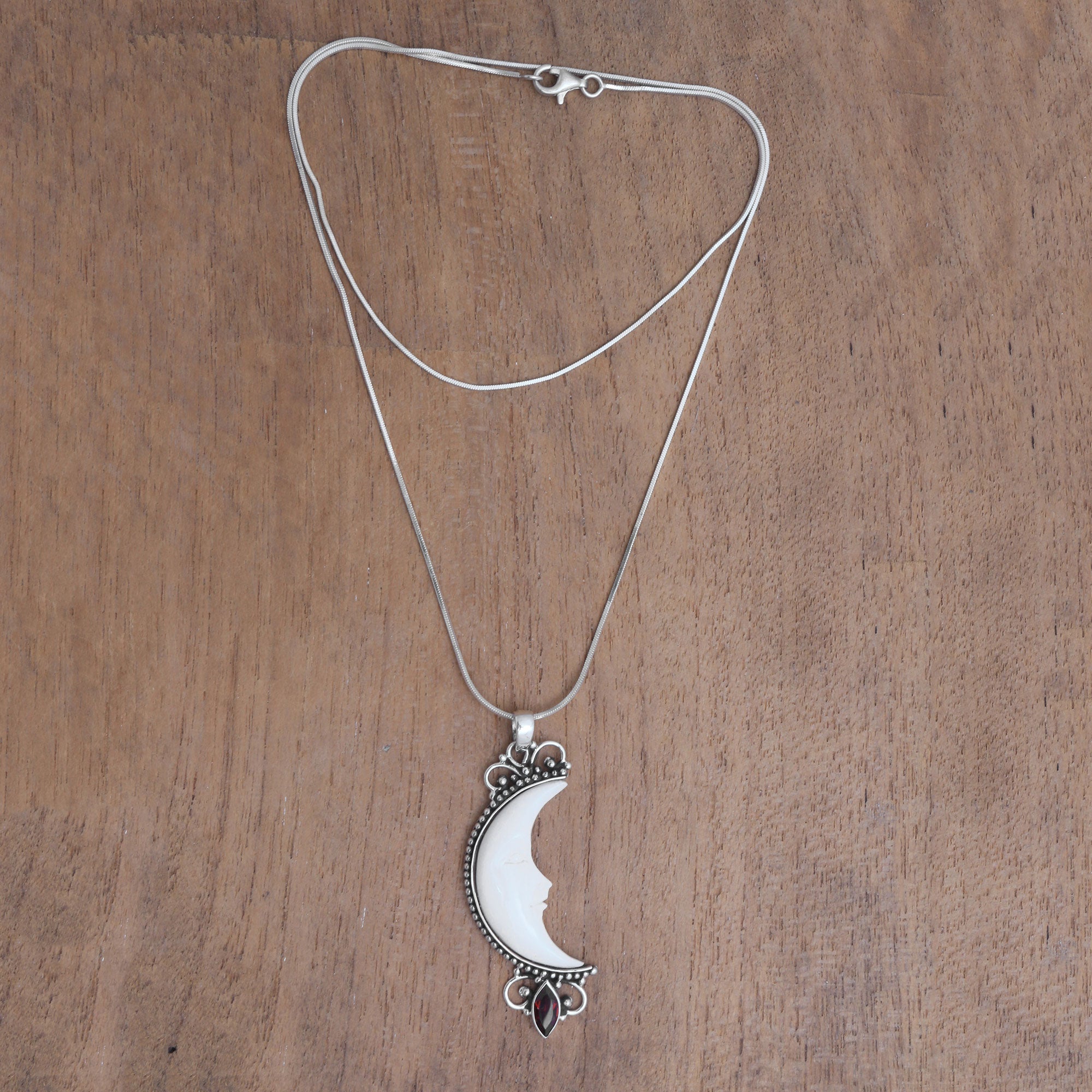 Premium Moonlight Glimmer Garnet Necklace - Handcrafted Silver & Bone Pendant