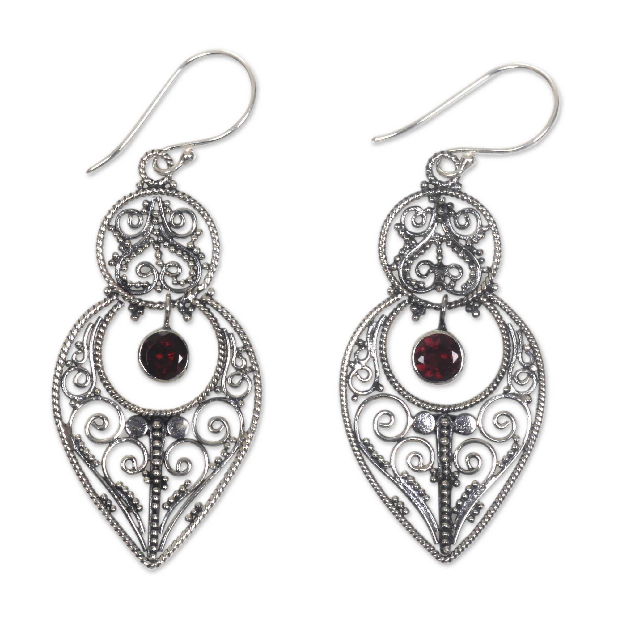 Premium Majapahit Elegance: Balinese Sterling Silver Dangle Earrings with Garnet