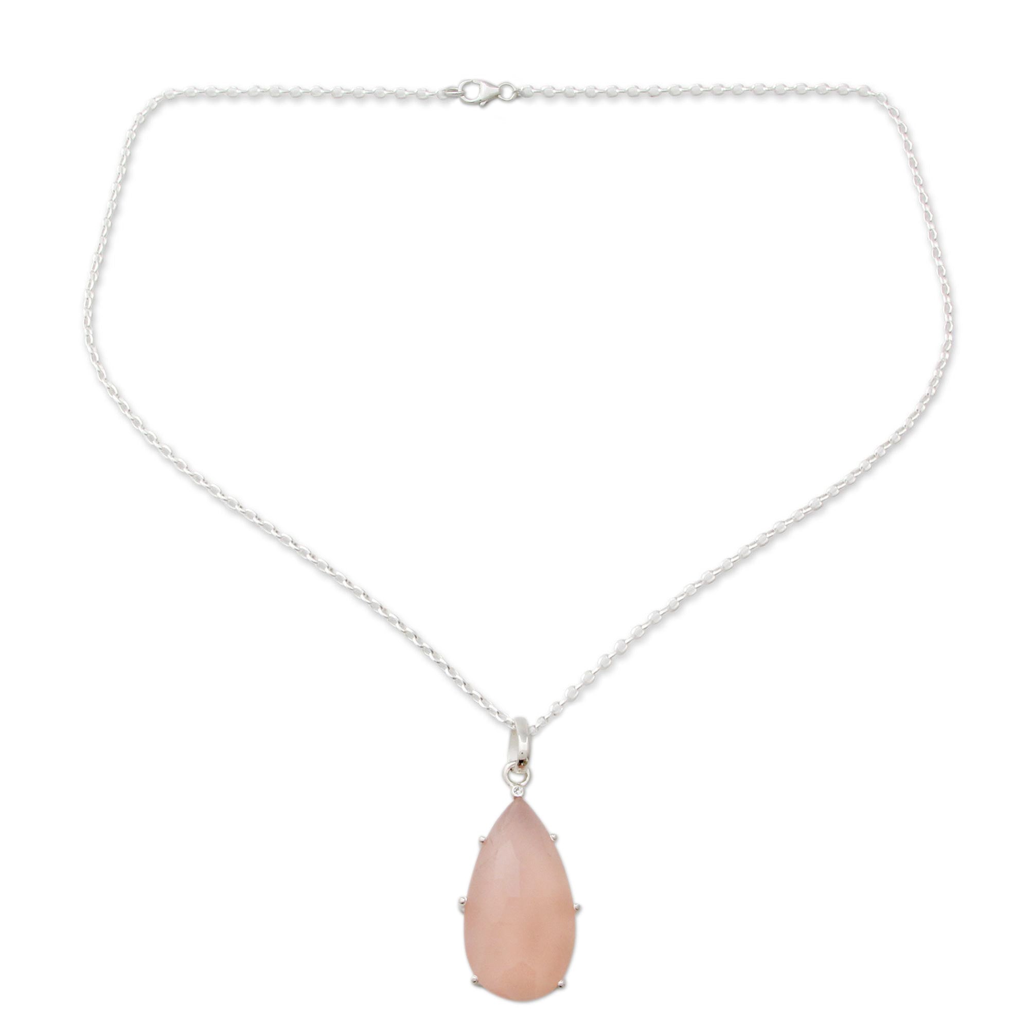 Premium Rose Droplet Necklace - Handcrafted Pink Chalcedony & Sterling Silver