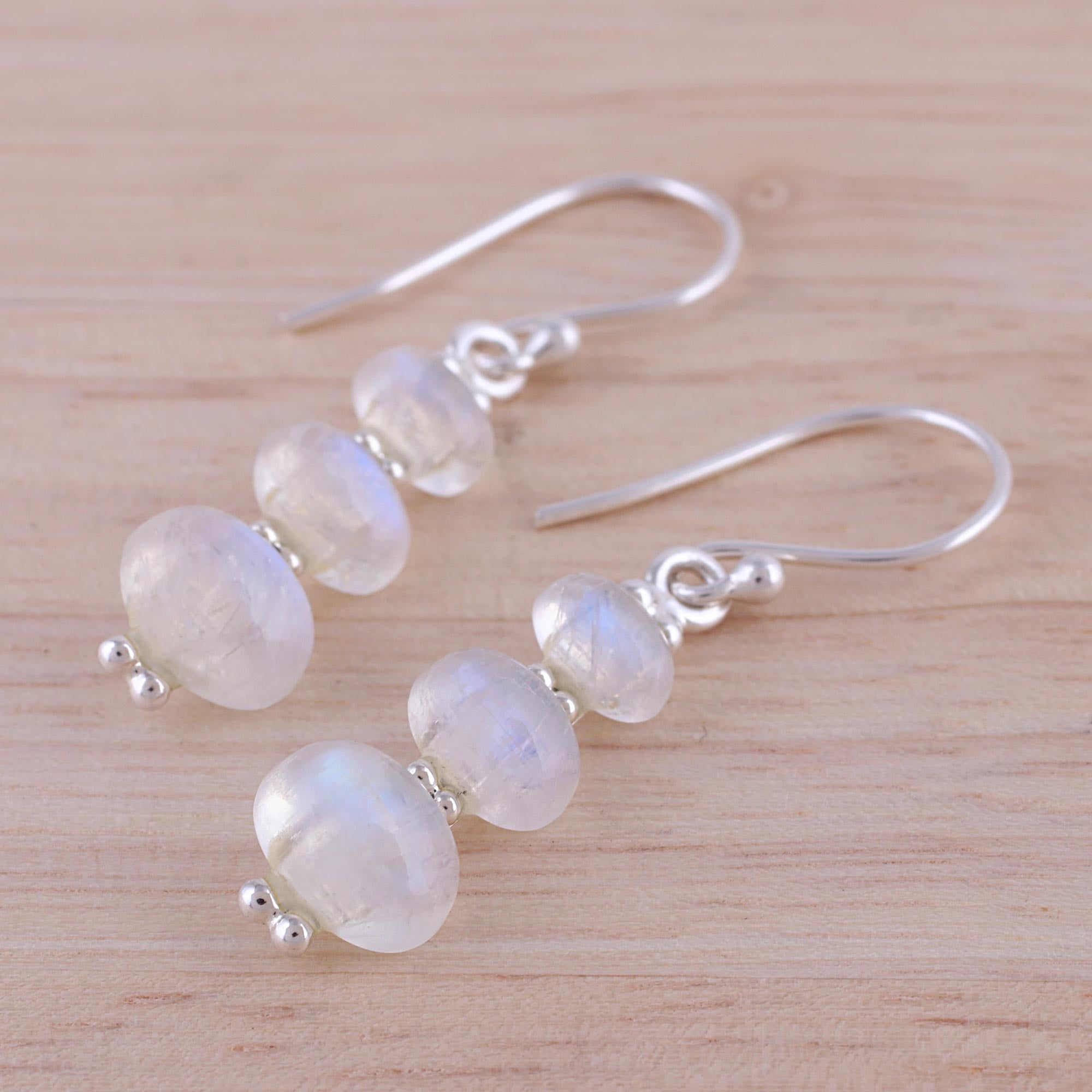 Premium Rainbow Moonstone Dangle Earrings - Handcrafted 925 Silver Jewelry from India