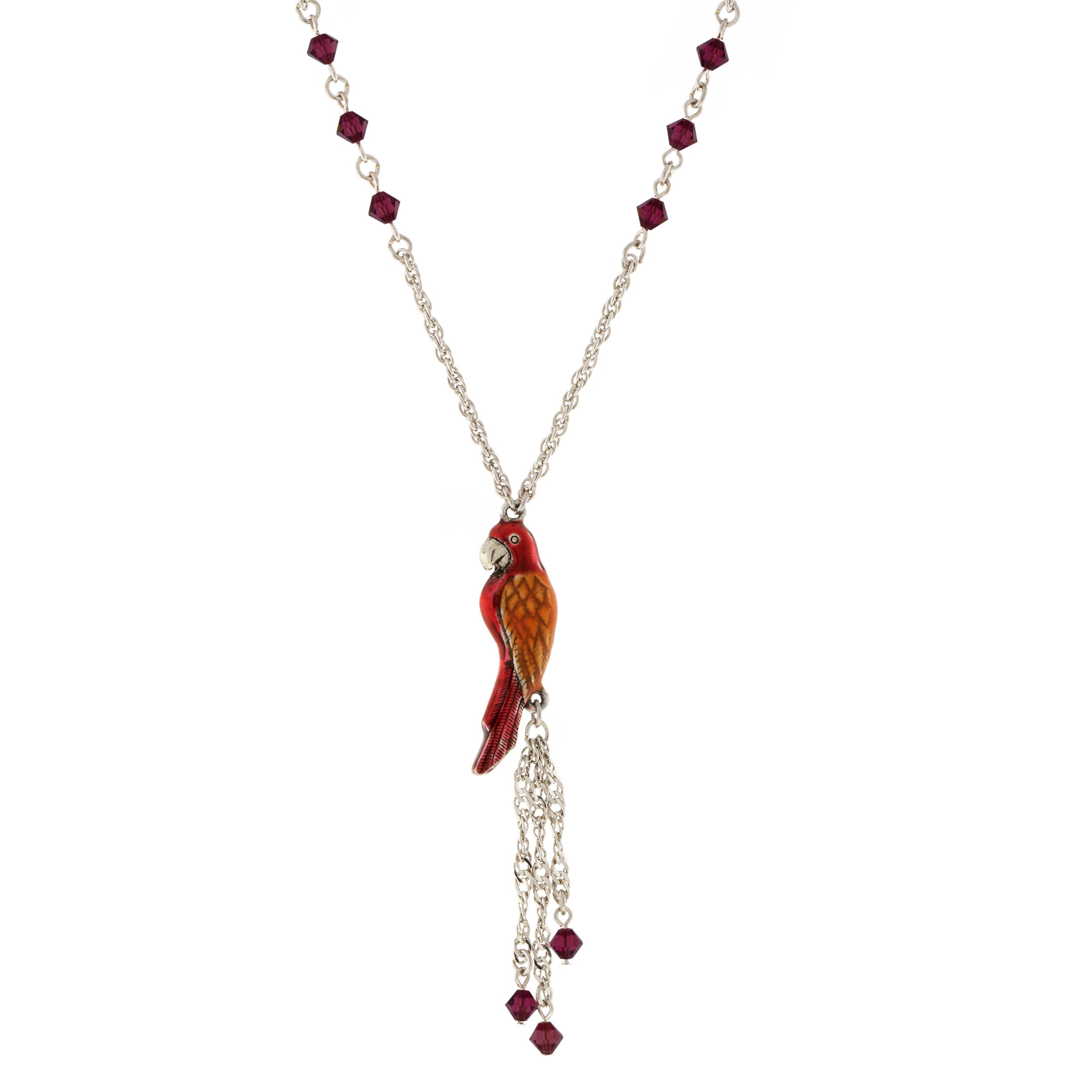 Premium 1928 Jewelry® Silver Tone Enamel Parrot Necklace with Red Beads - Adjustable 16