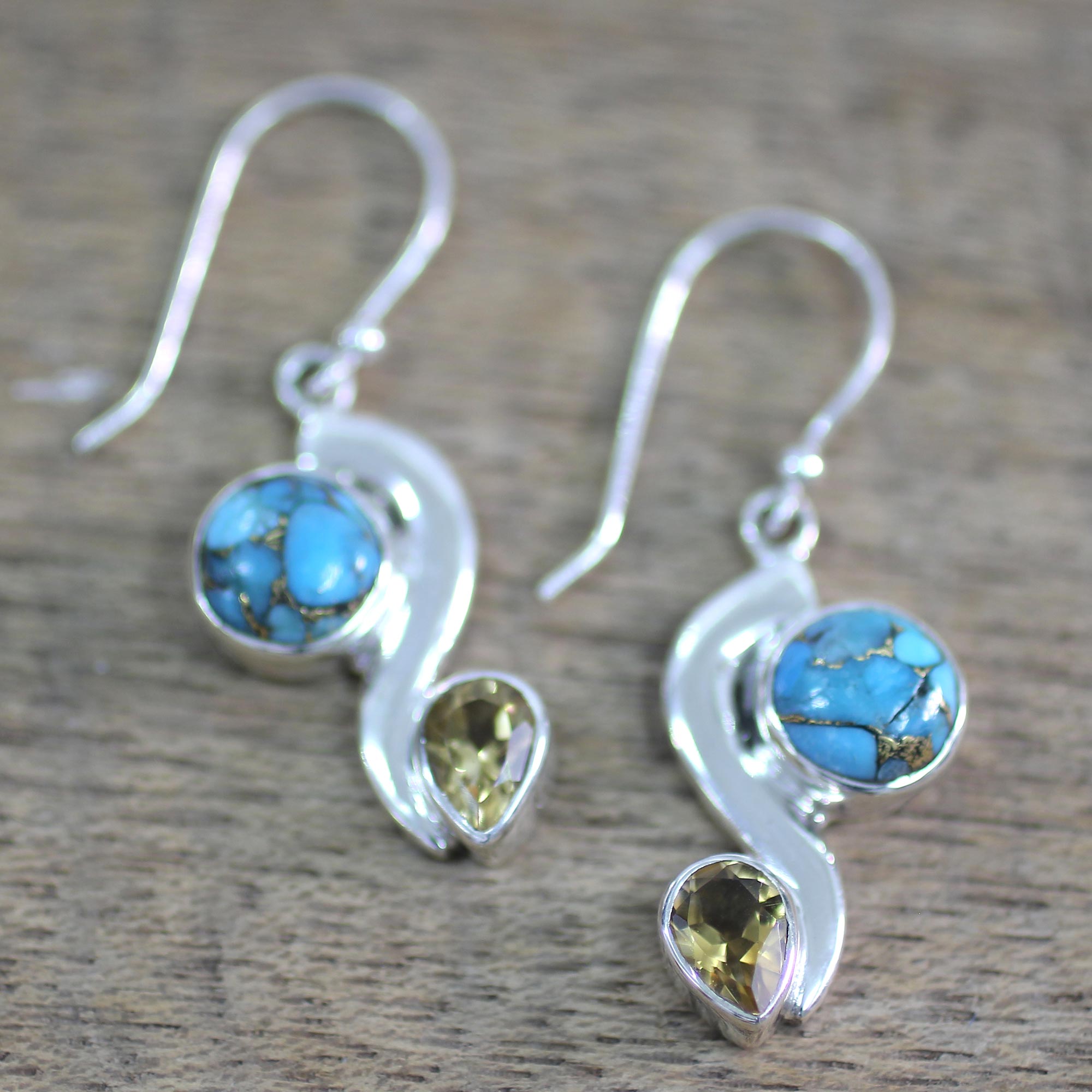 Premium Citrine & Turquoise Dangle Earrings – Handcrafted Sterling Silver Jewelry from India