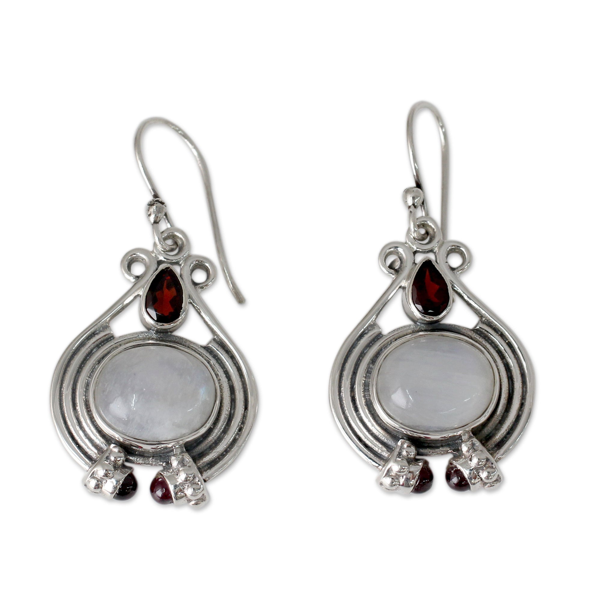 Premium Mysterious Mist Handmade Rainbow Moonstone & Garnet Earrings