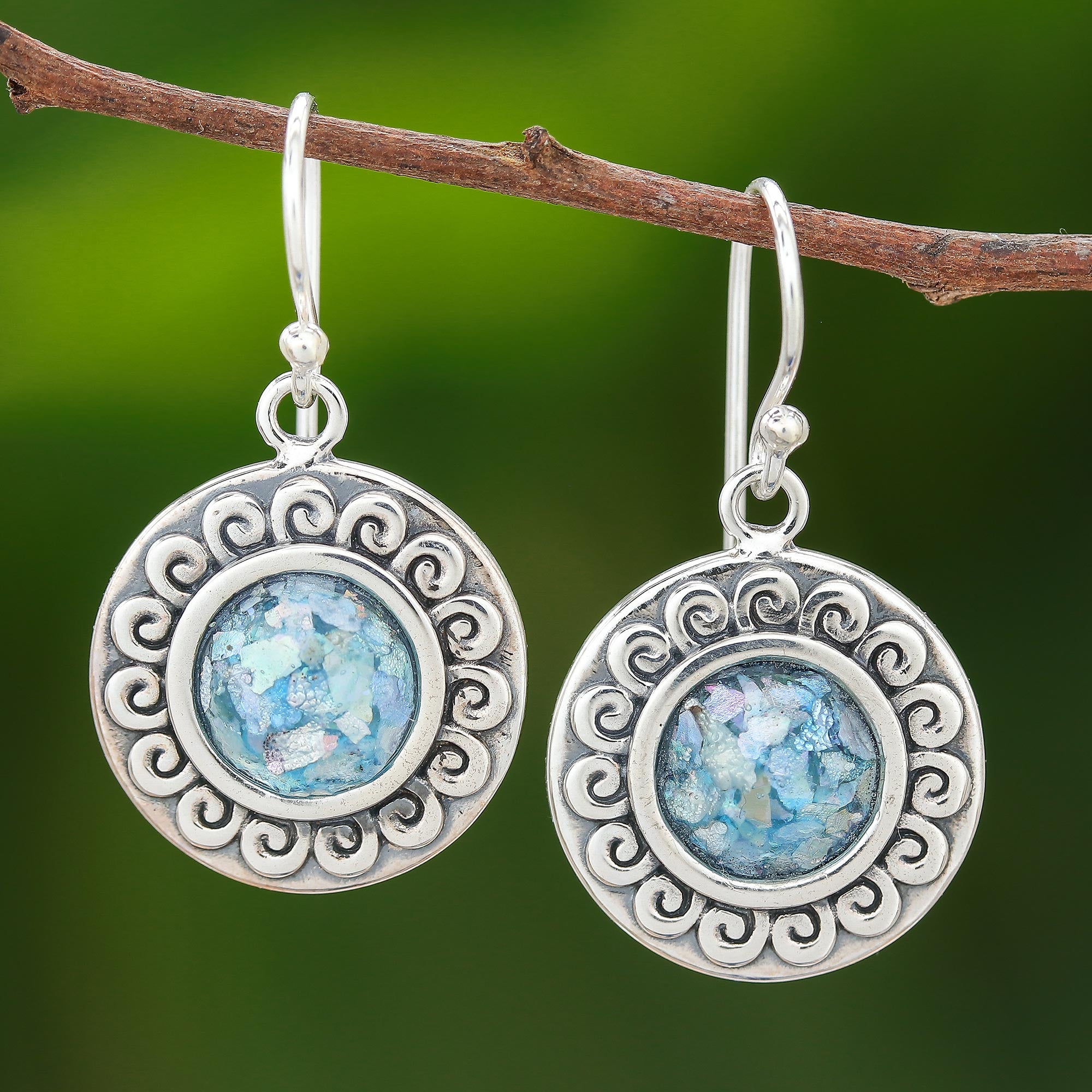 Premium Roman Glass Dangle Earrings - Handcrafted Sterling Silver Jewelry