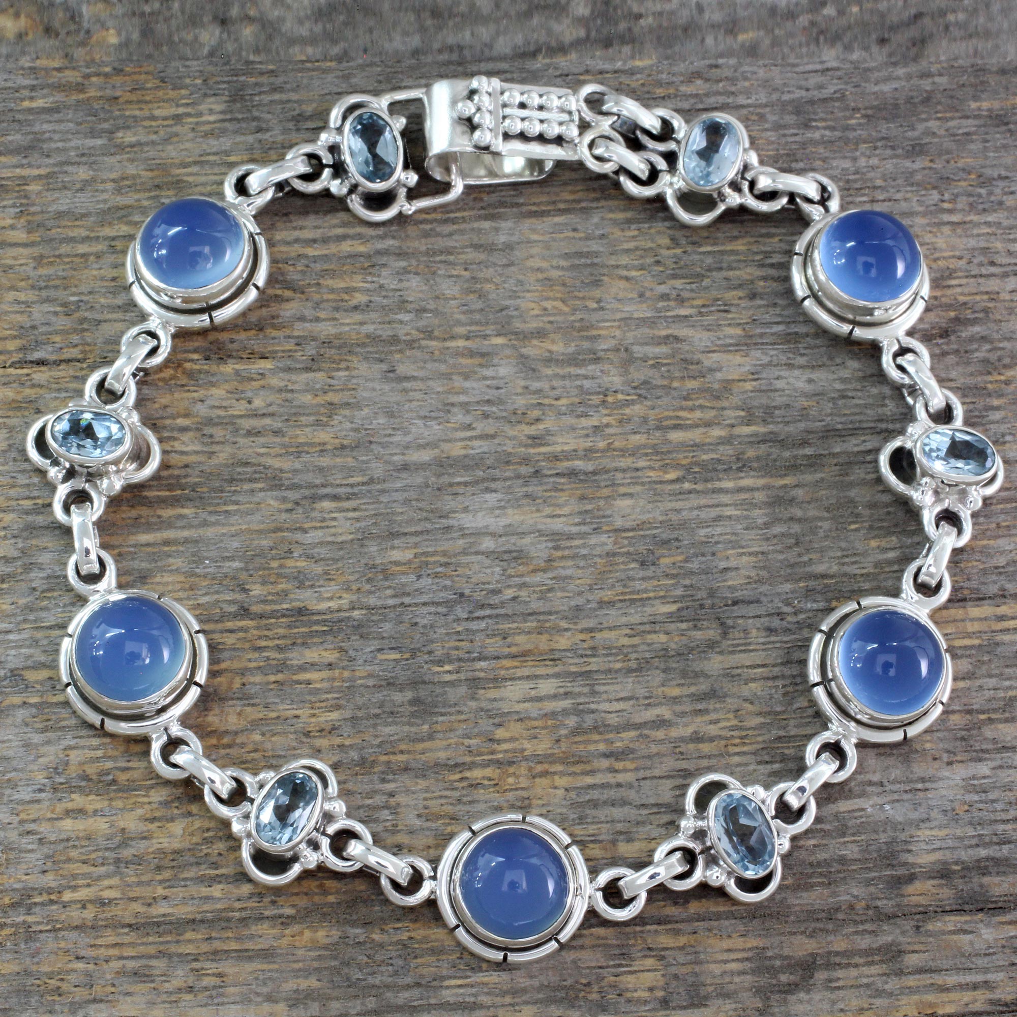 Premium Serene Azure Multi-Gem Silver Link Bracelet