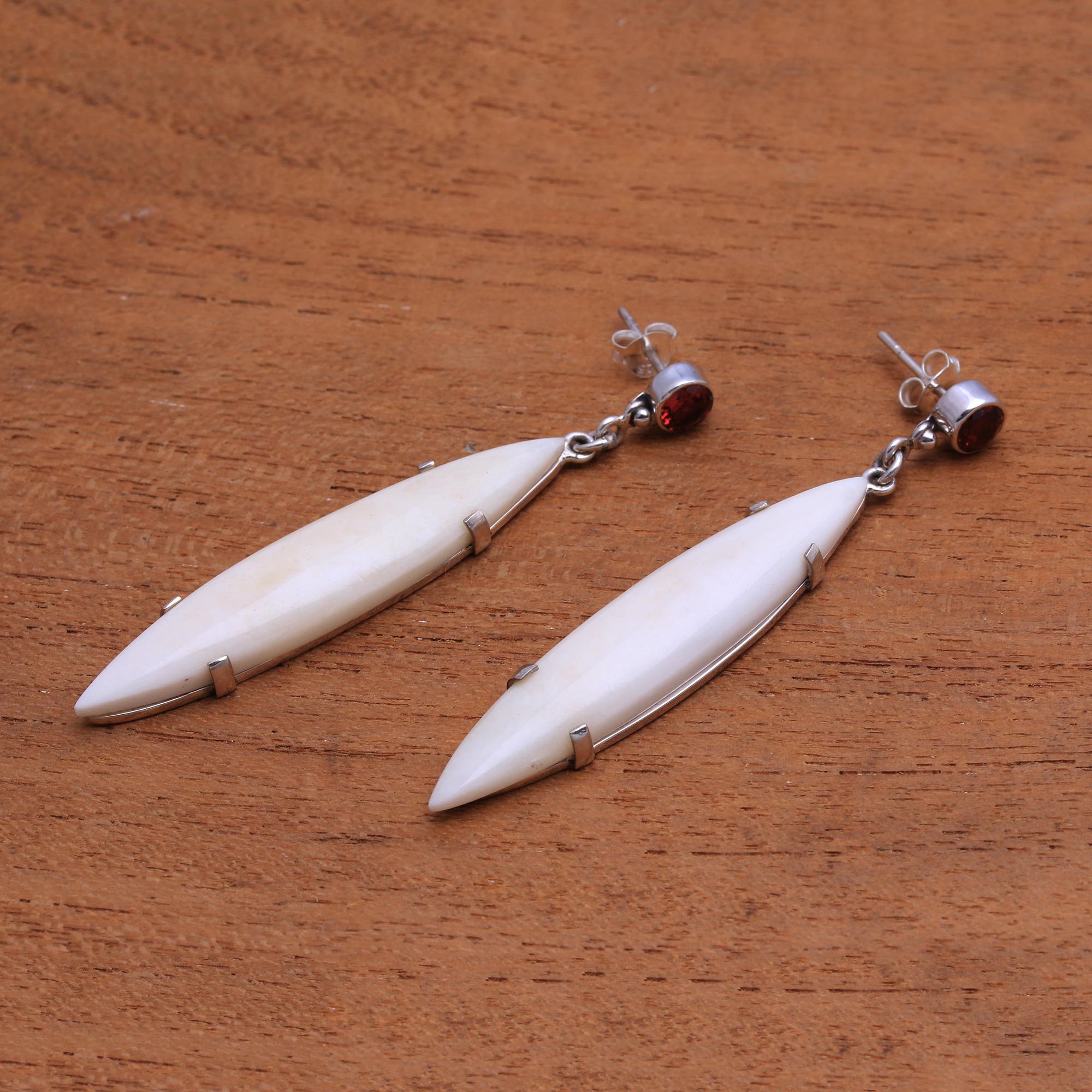 Premium Handmade Bone and Garnet Dangle Earrings – Artisan Crafted in Bali