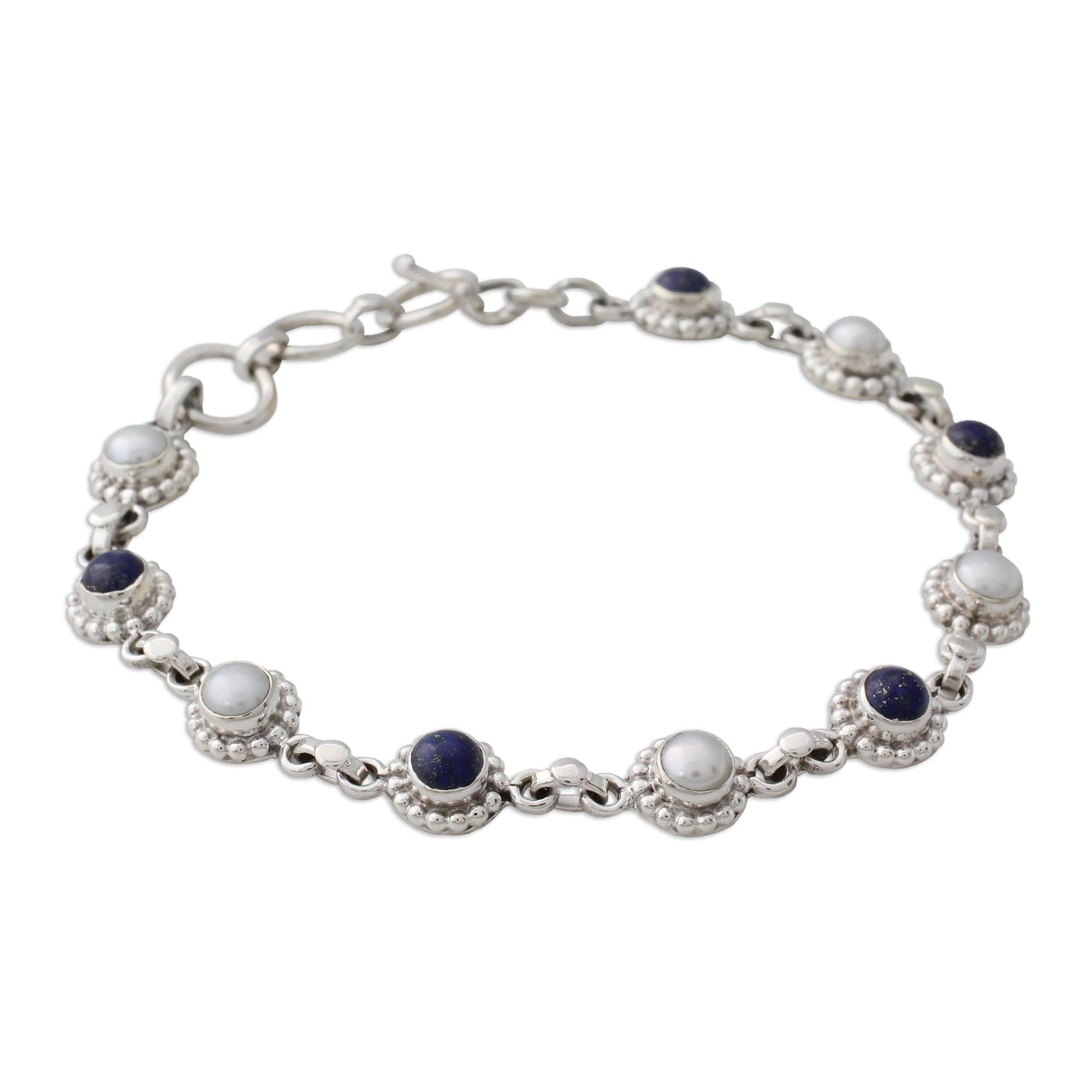 Premium Petite Floral Bracelet with Cultured Pearls & Lapis Lazuli – Sterling Silver