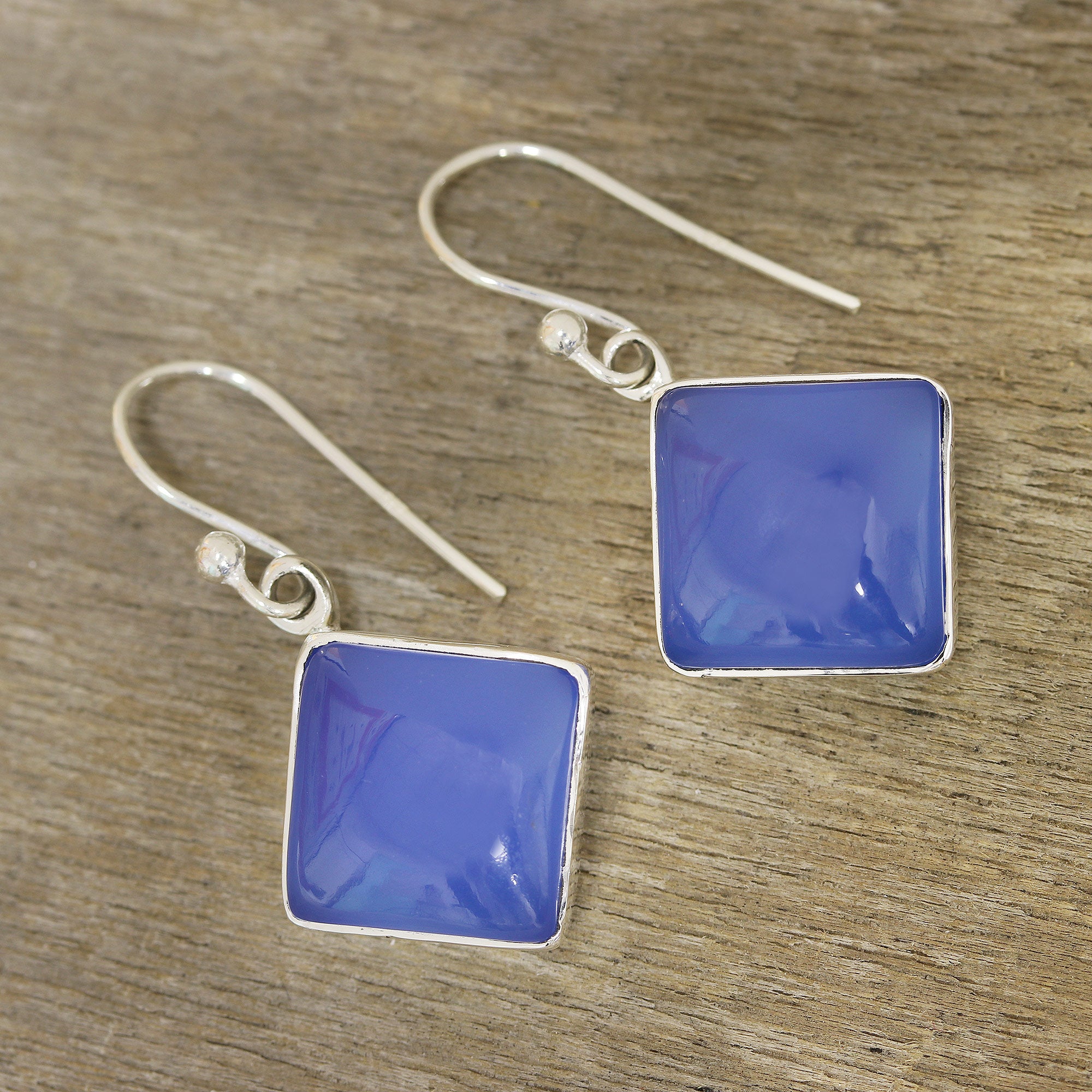 Premium Sky Squares Blue Chalcedony Dangle Earrings – Handcrafted in India