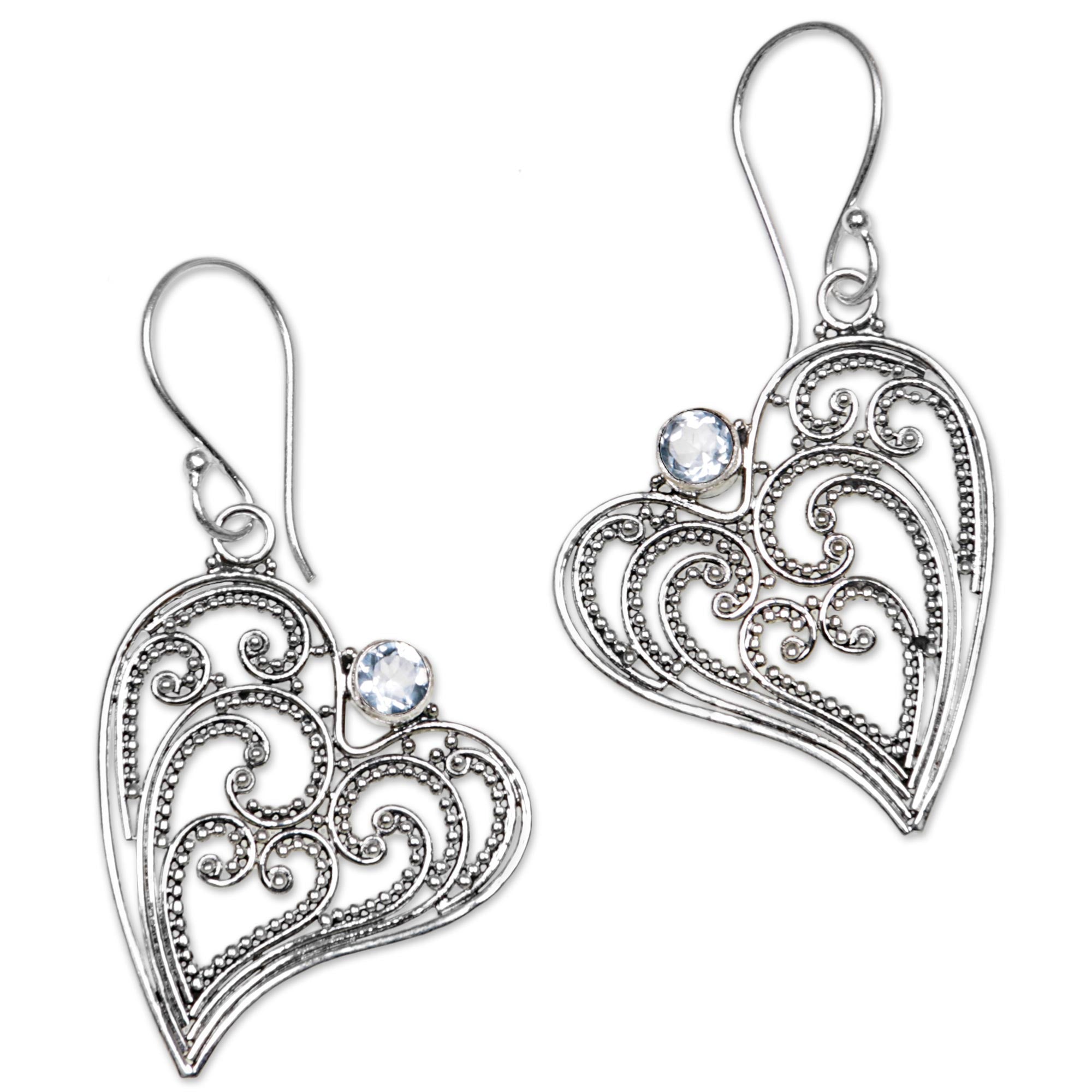 Premium Blue Topaz Heart Dangle Earrings in Sterling Silver