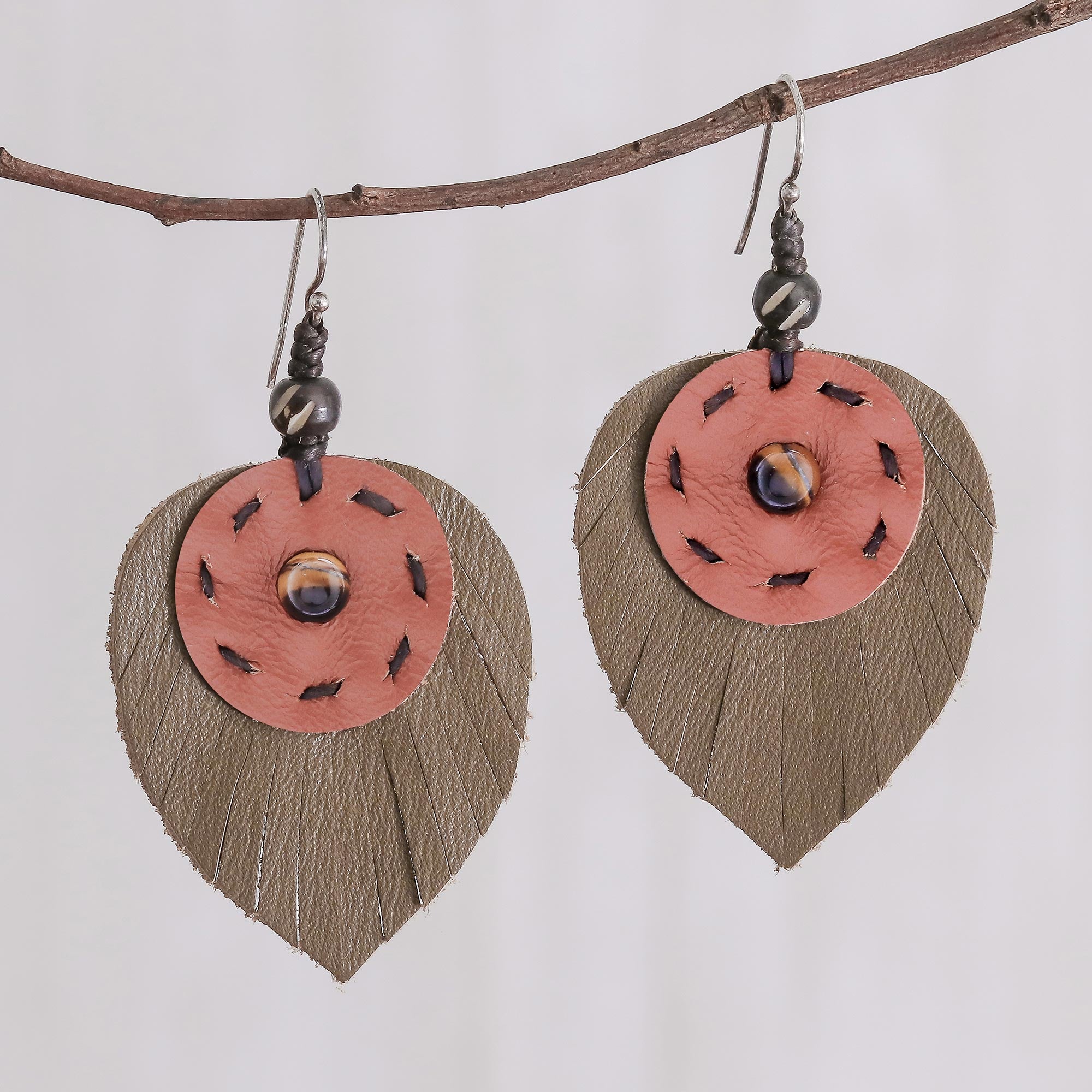 Premium Aurora Leaves Handcrafted Tiger's Eye & Leather Dangle Earrings