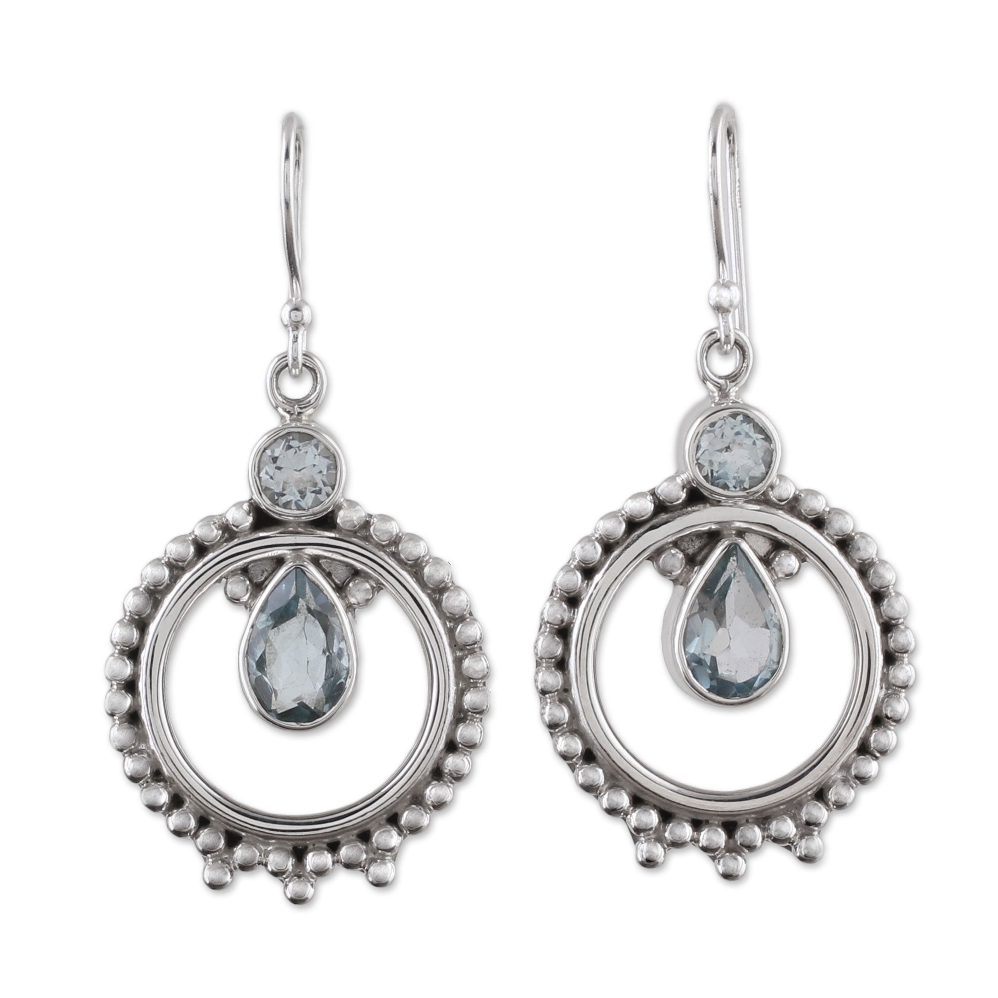 Premium Regal Circles Blue Topaz Dangle Earrings – Handcrafted Sterling Silver Jewelry from India