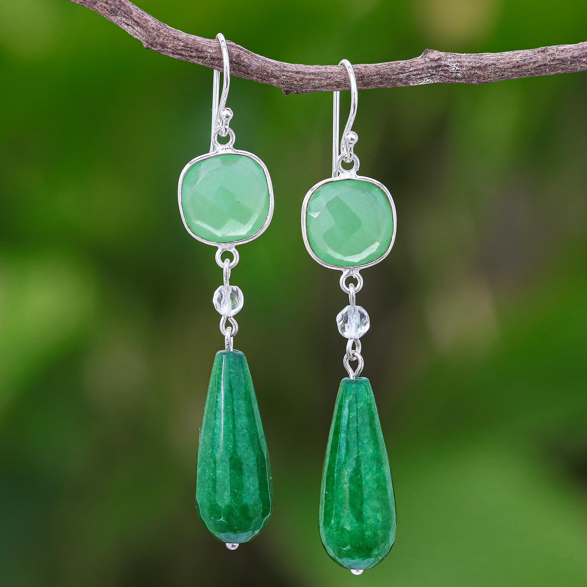 Premium Green Chalcedony & Quartz Dangle Earrings - Ultimate Elegance