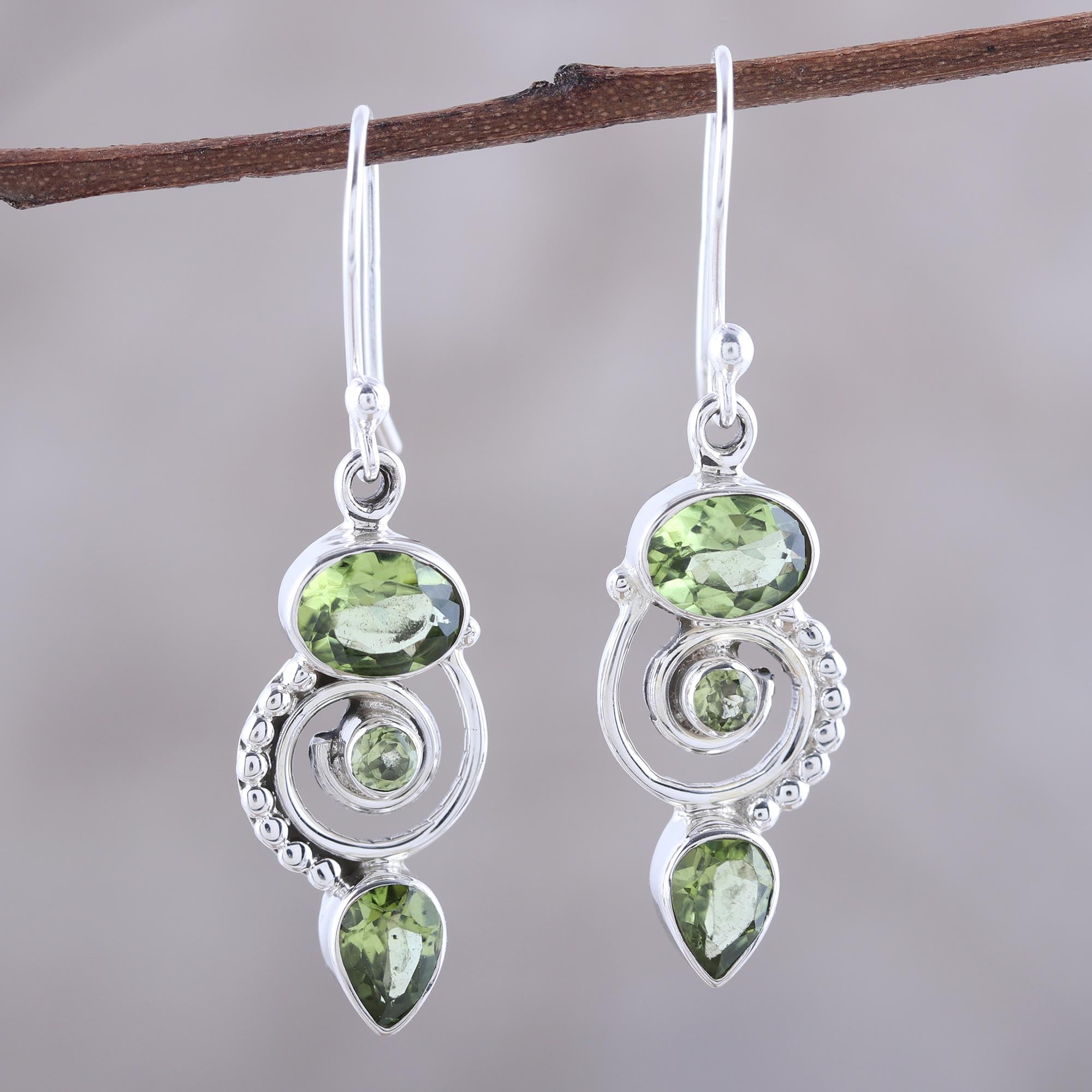 Premium Peridot Spiral Dangle Earrings - Sterling Silver Elegance