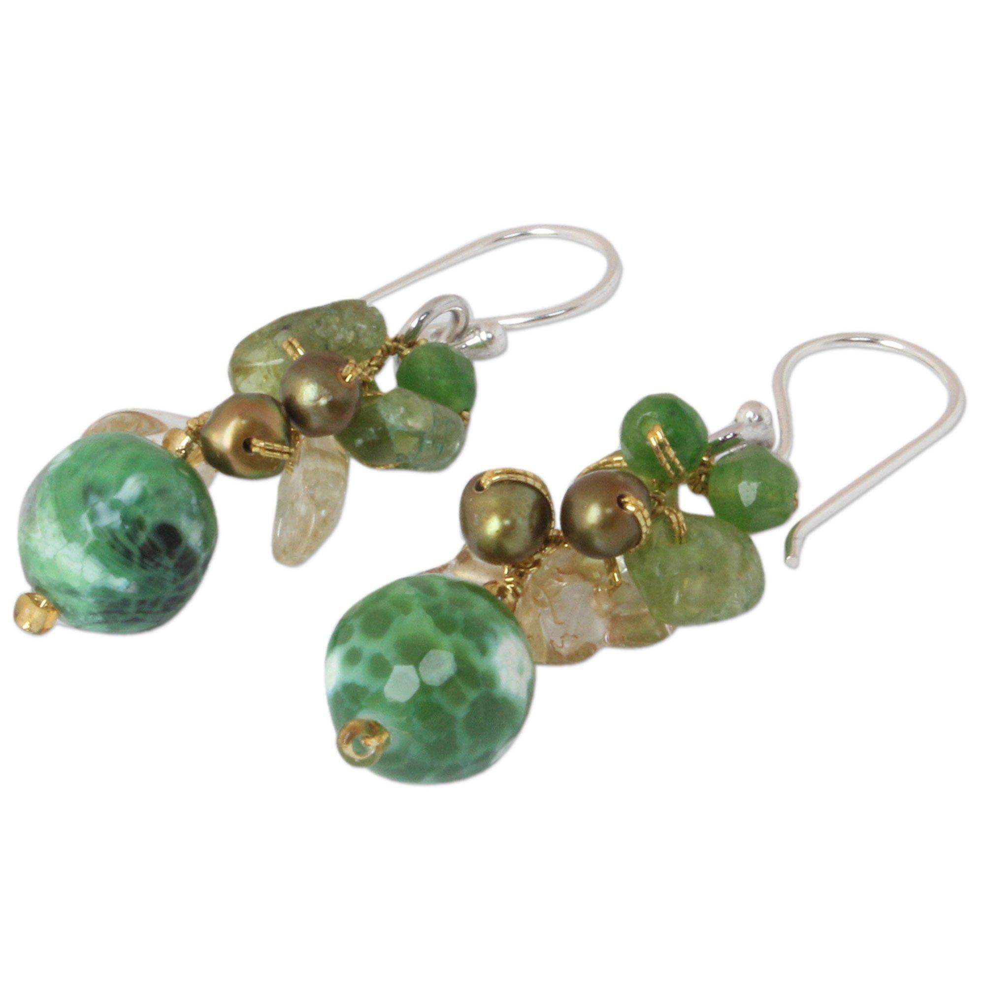 Premium Green Multi-Gem & Pearl Beaded Earrings - Handcrafted Elegance